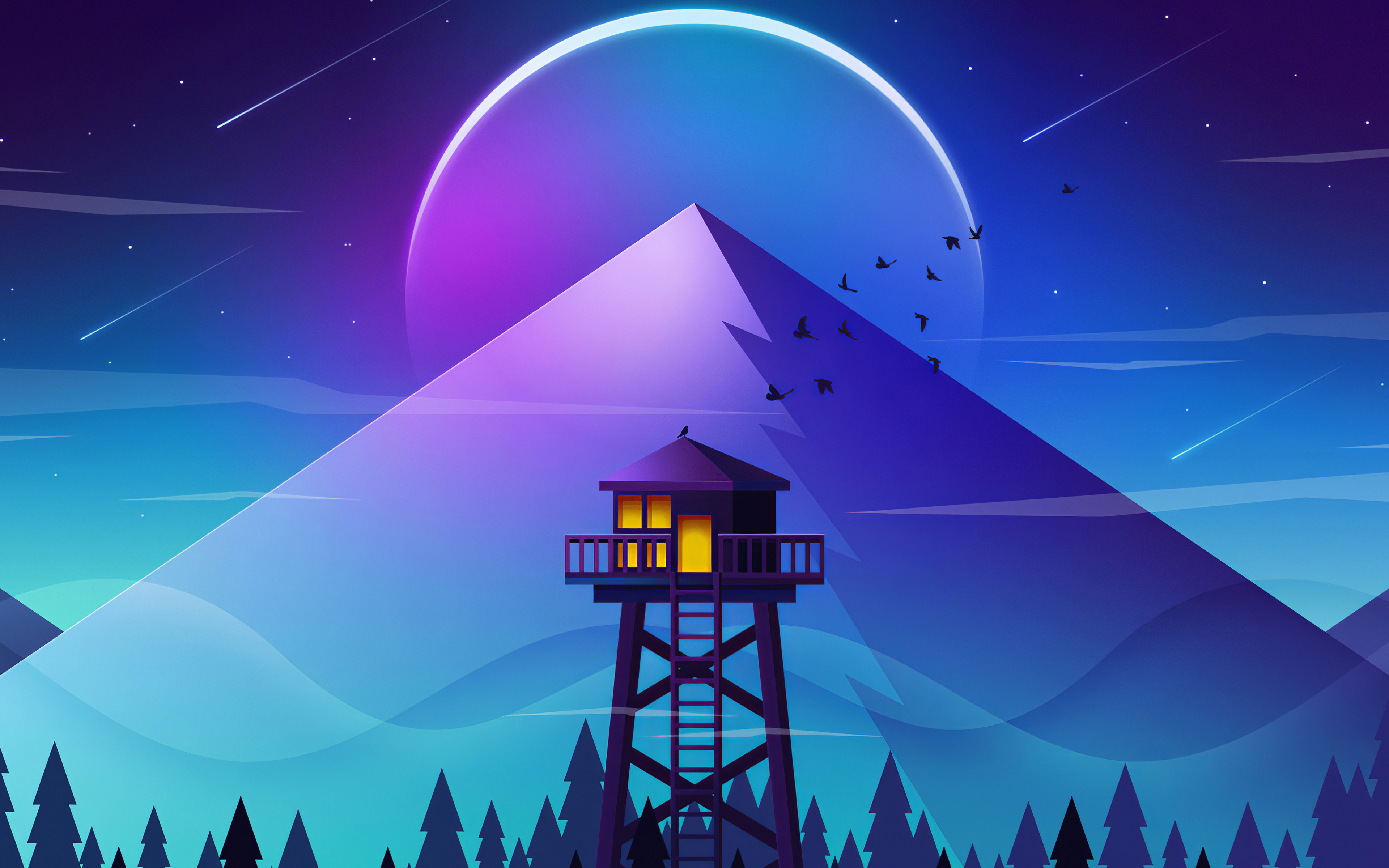 Download wallpaper 4k, abstract nightscapes, moon, mountains, fire tower, nightscapes minimalism, creative, abstract landscapes for desktop with resolution 3840x2400. High Quality HD picture wallpaper