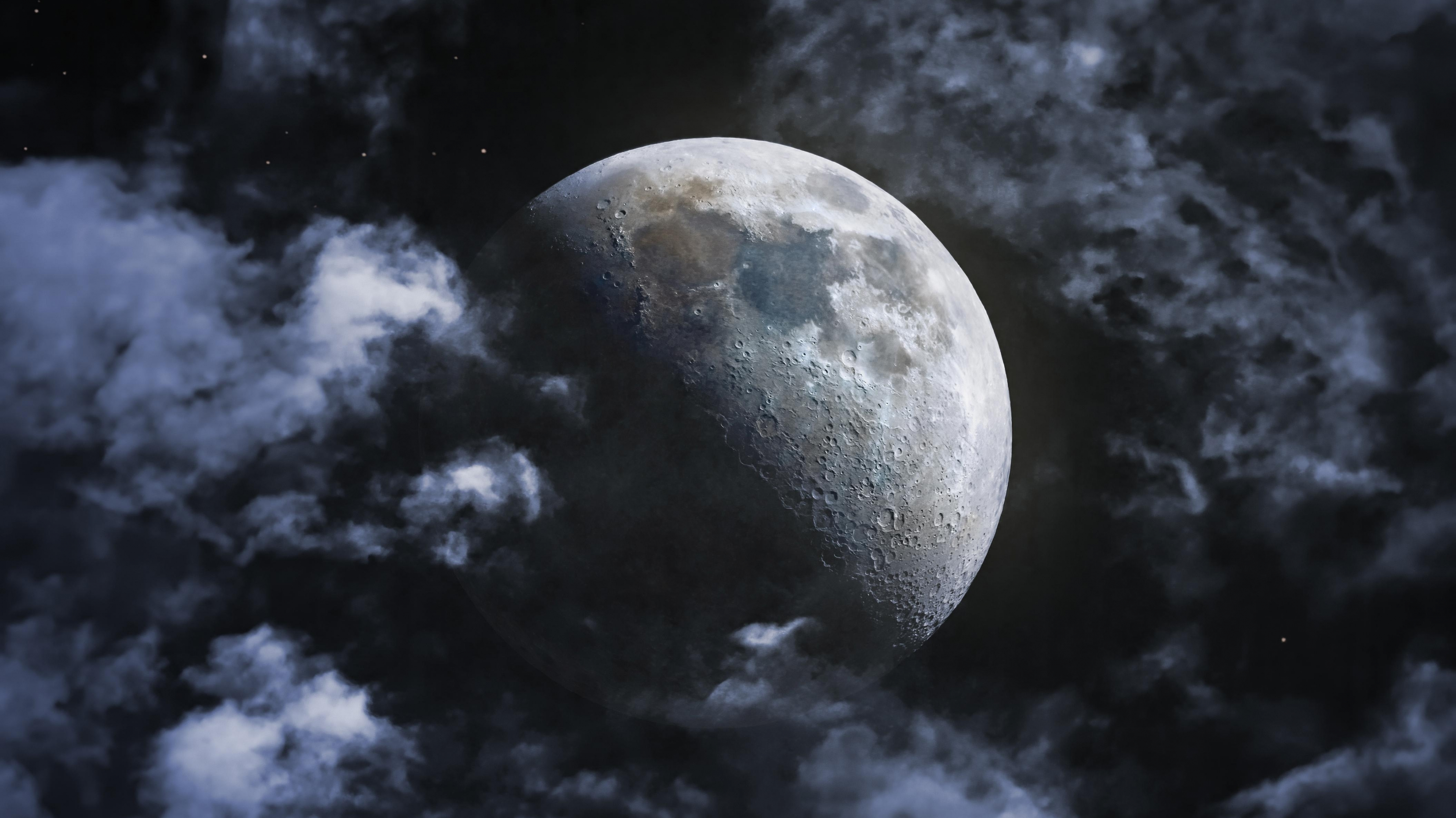 Download wallpaper 3840x2160 moon in sky, clouds, astrophotography, full moon 4k wallpaper, uhd wallpaper, 16:9 widescreen 3840x2160 HD background, 28903