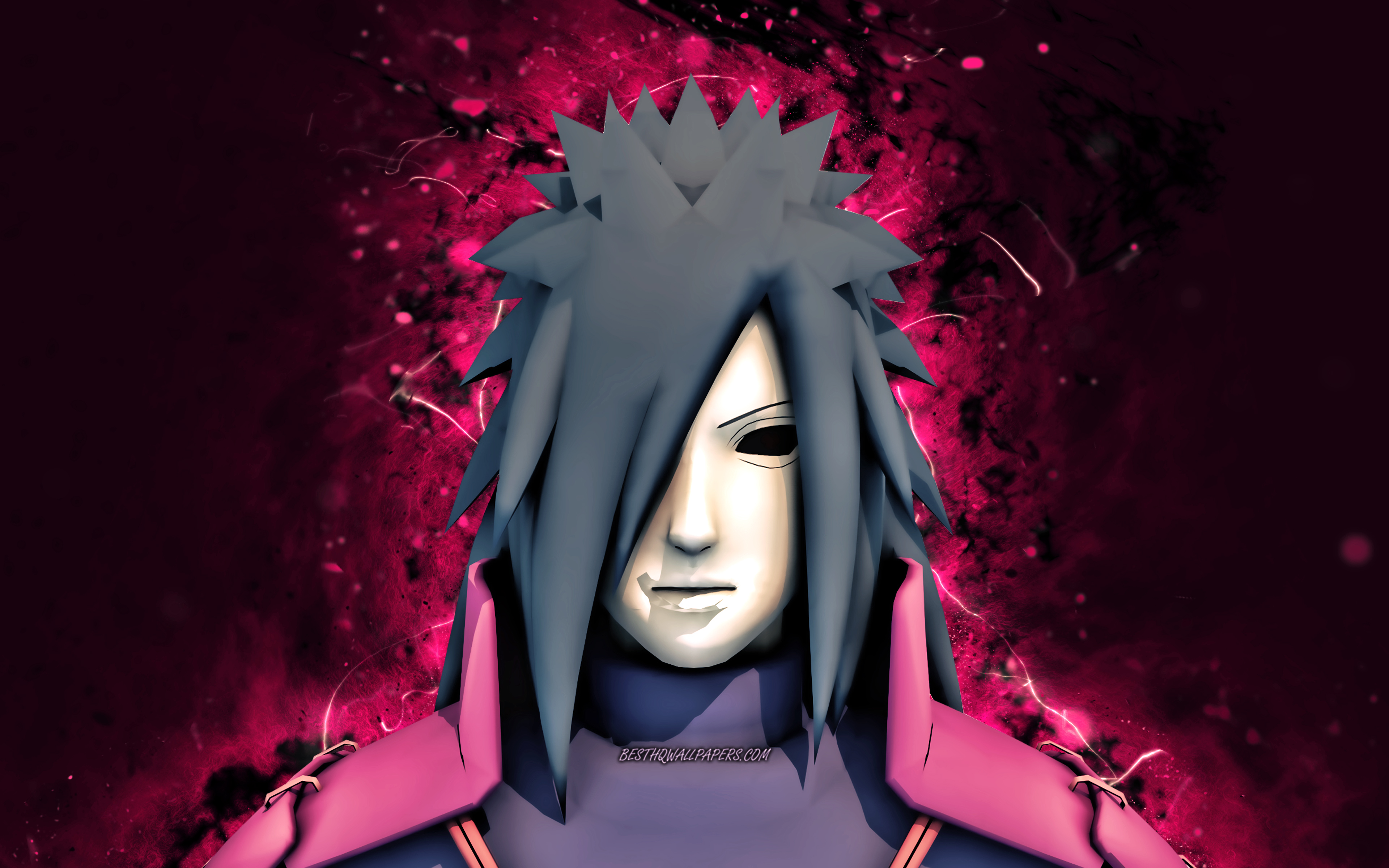 Download wallpaper 4k, Madara Uchiha, purple neon lights, Naruto characters, manga, protagonist, Naruto, Uchiha Madara, samurai, Madara Uchiha Naruto for desktop with resolution 3840x2400. High Quality HD picture wallpaper