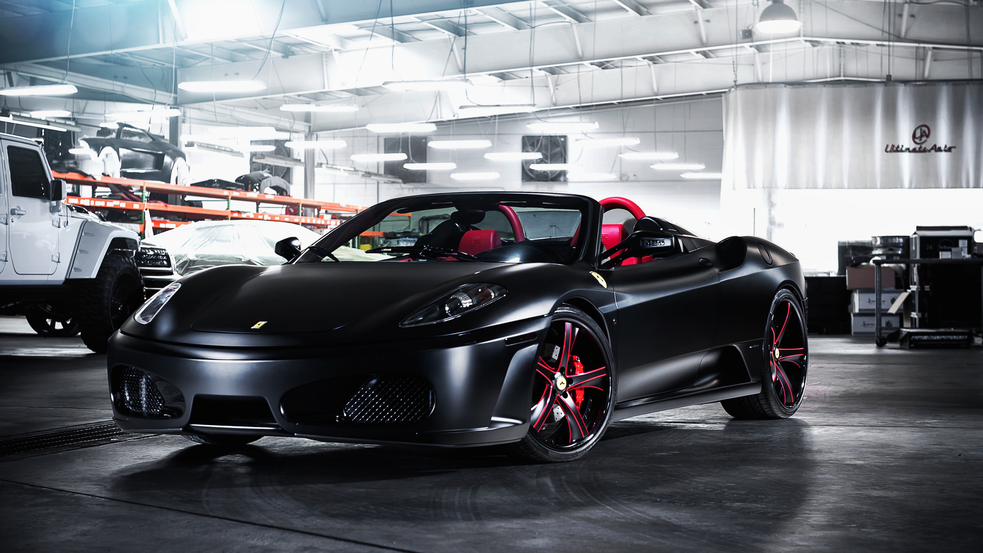 Matte Black Ferrari F on Savini Wheels 4K wallpaper