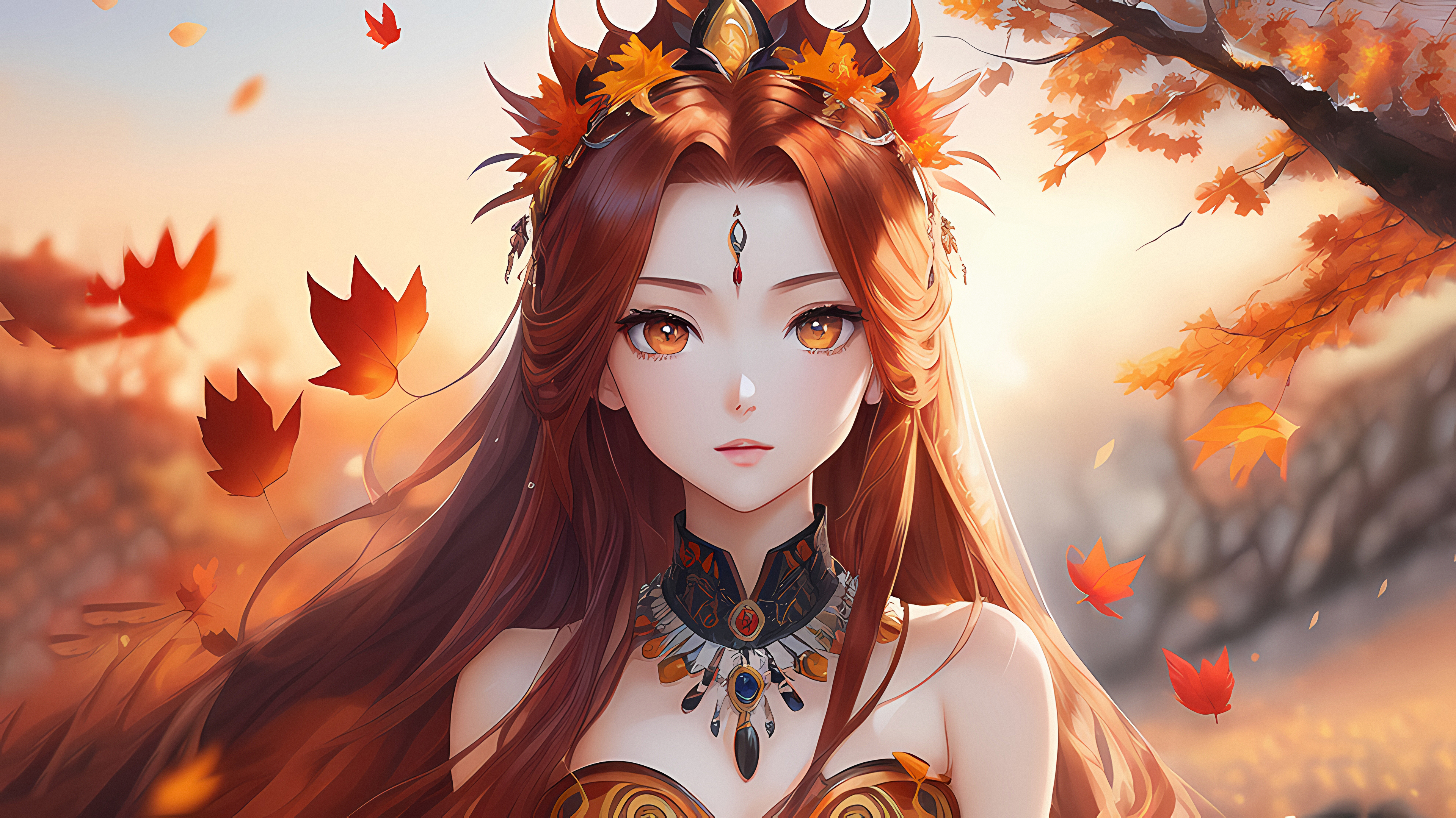 Wallpaper, Stable Diffusion, 4k, ai art, women, digital art, illustration, leaves, frontal view 3840x2160