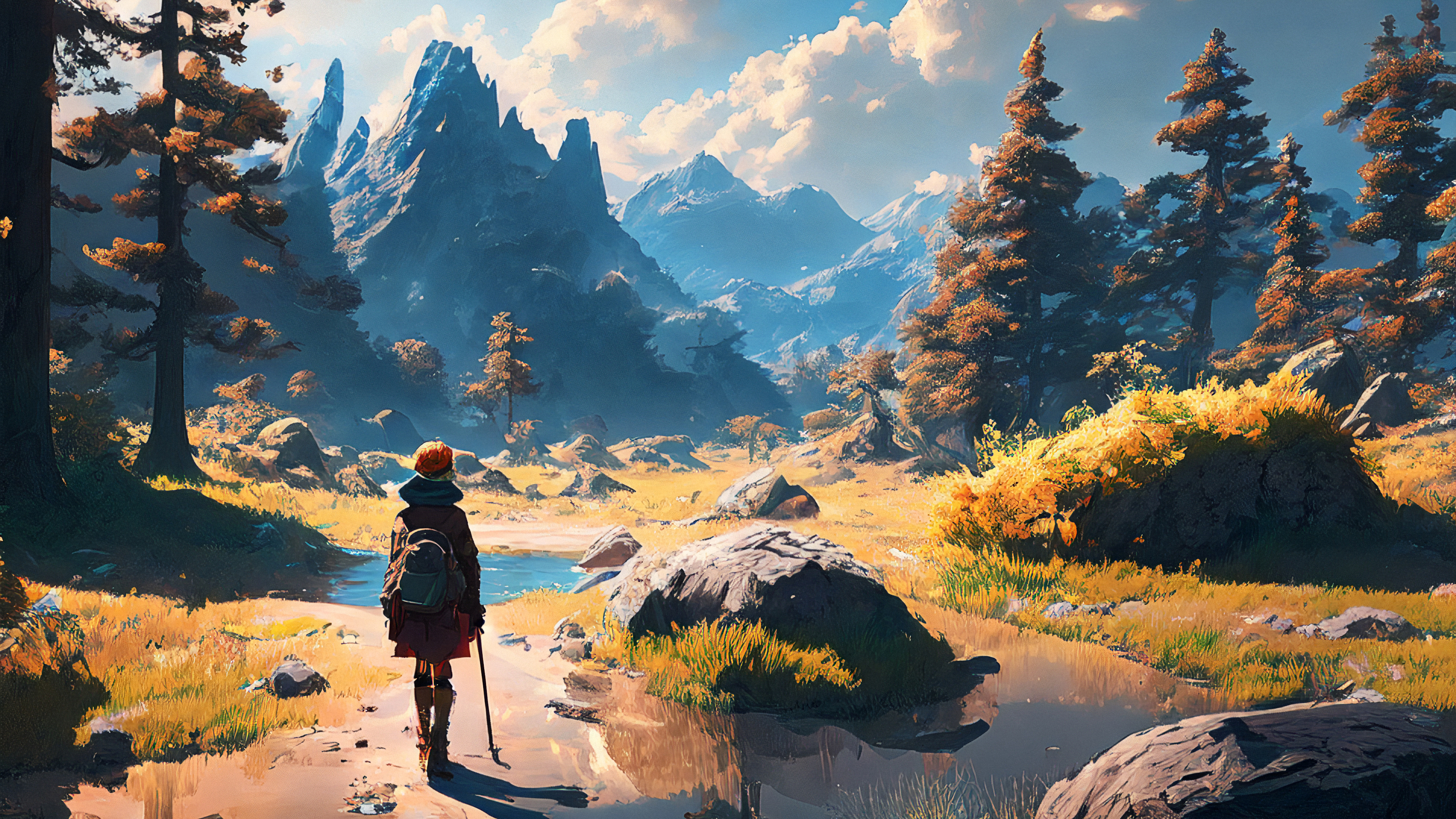 Stable Diffusion 4K Ai Art Landscape Digital Art Illustration Nature Mountains Trees Water Backpacks Wallpaper:3840x2160