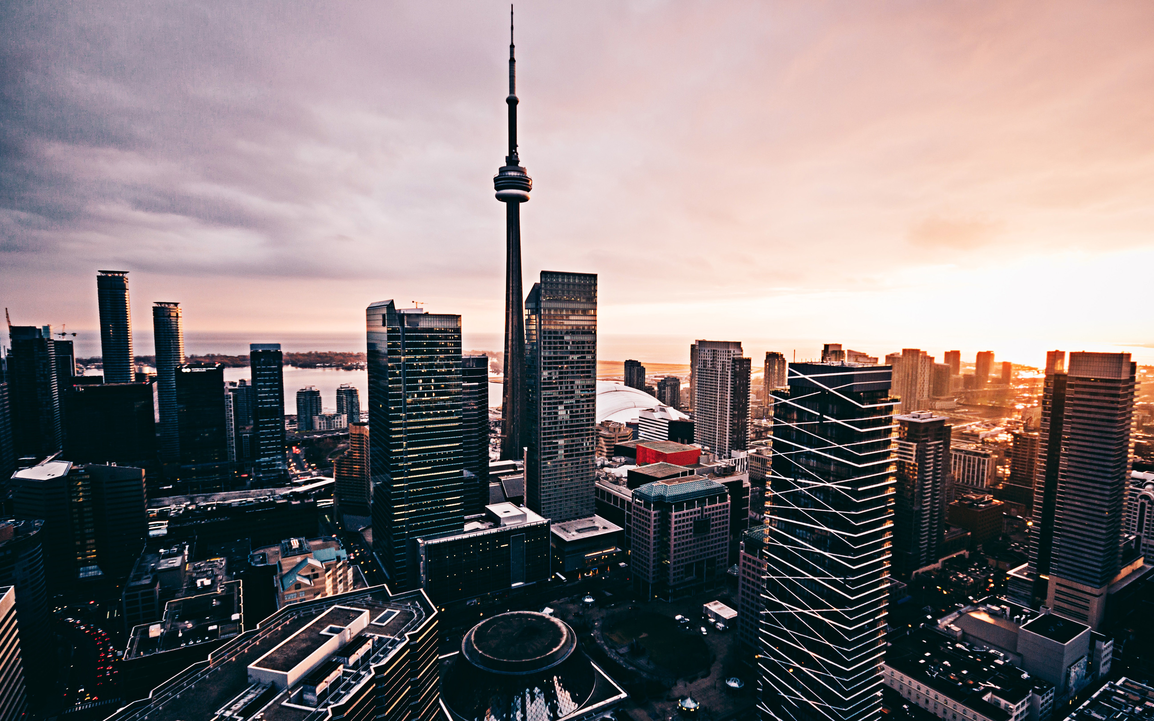 Download wallpaper 4k, Toronto, sunset, CN Tower, modern buildings, Canada, capital of Ontario, North America, cityscapes for desktop with resolution 3840x2400. High Quality HD picture wallpaper