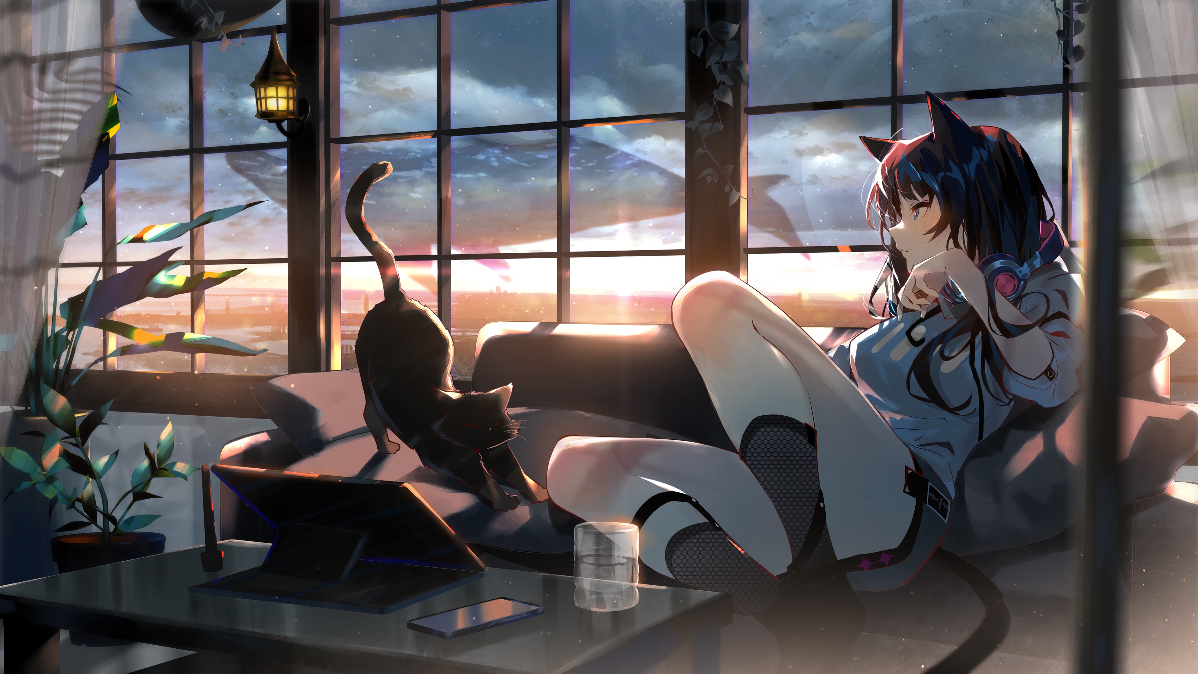 anime, girl, cat, sunset, 4k, pc Gallery HD Wallpaper
