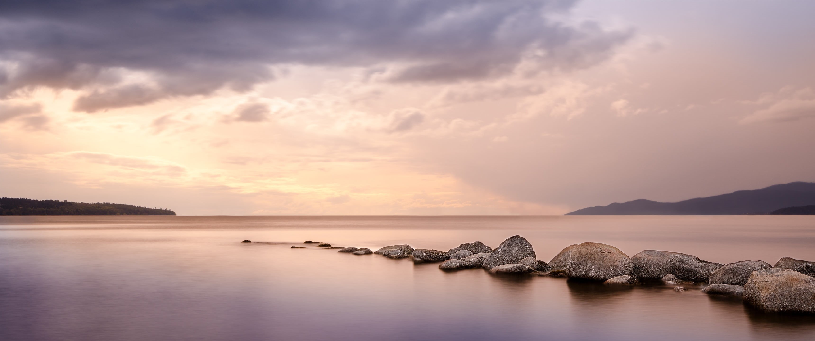 Wallpaper / sunset, outdoors, wallpaper, solid, rock, scenics, beach, horizon over water, rocks, bay, body, sea, landscape, nature, ultrawide, photography free download