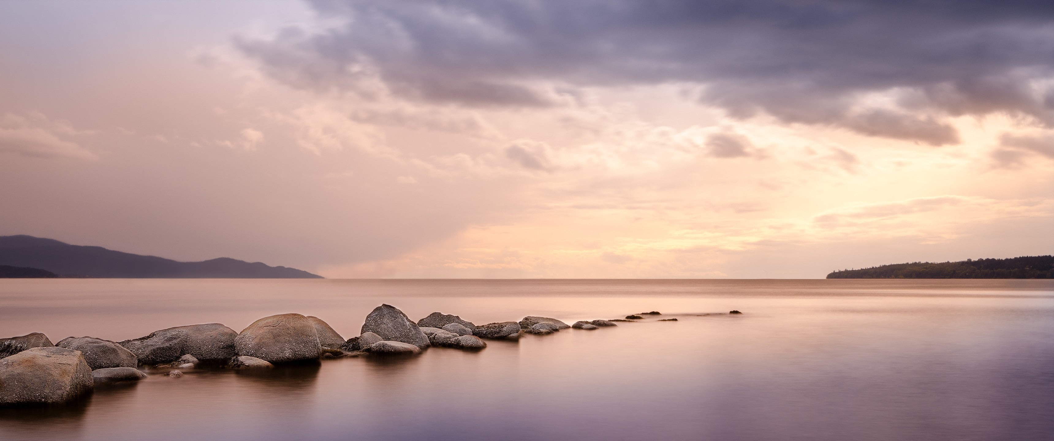 Wallpaper / outdoors, beach, sky, sea, tranquility, rock, sunset, no people, environment, horizon over water, travel destinations, scenics, ultrawide landscape nature photography free download