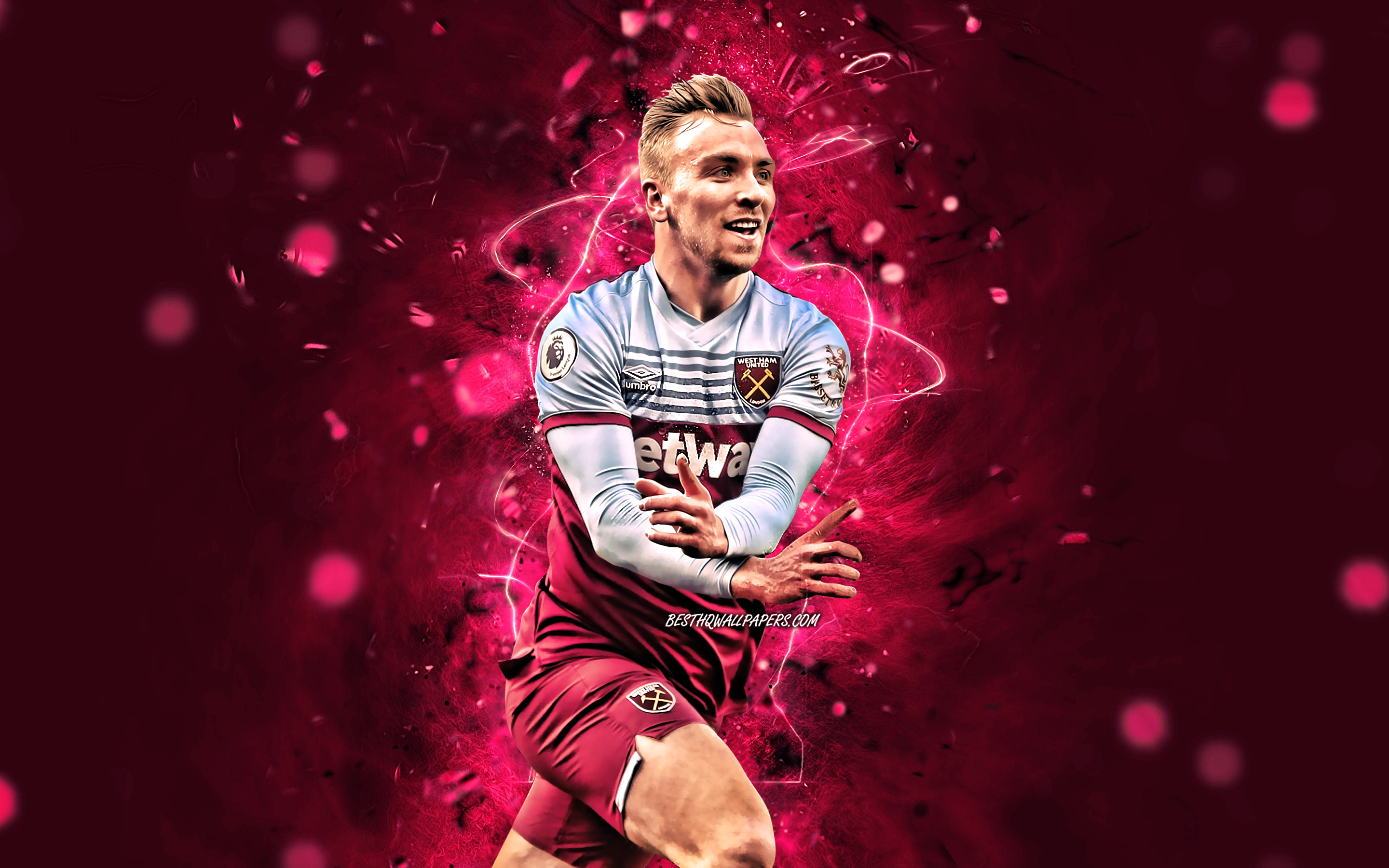Download wallpaper Jarrod Bowen, 2020, english footballers, West Ham United FC, soccer, Bowen, Premier League, footballers, neon lights, England, Jarrod Bowen West Ham United for desktop with resolution 2880x1800. High Quality HD