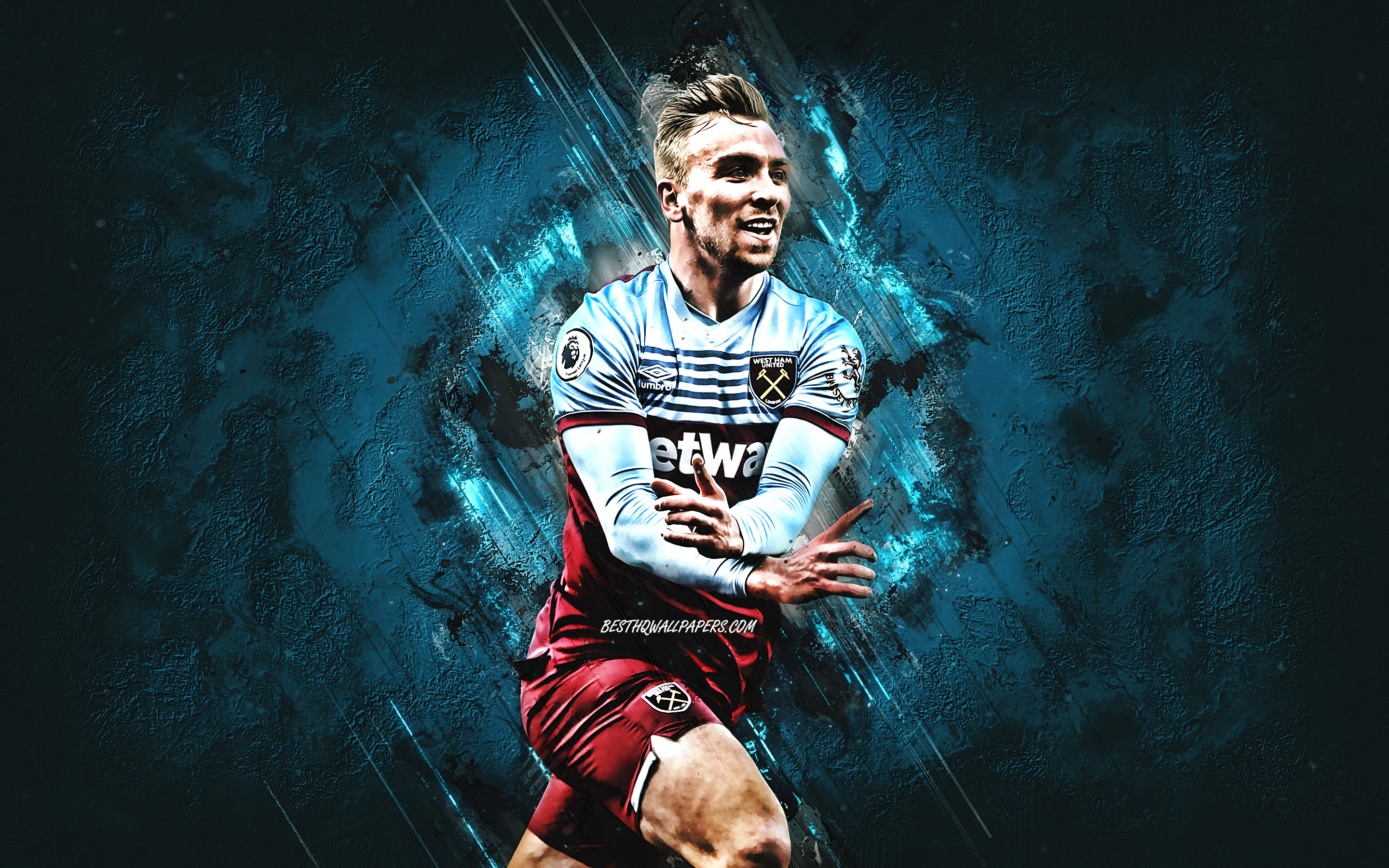 Download wallpaper Jarrod Bowen, West Ham United FC, english footballer, midfielder, blue stone background, Premier League, soccer, England for desktop with resolution 2880x1800. High Quality HD picture wallpaper