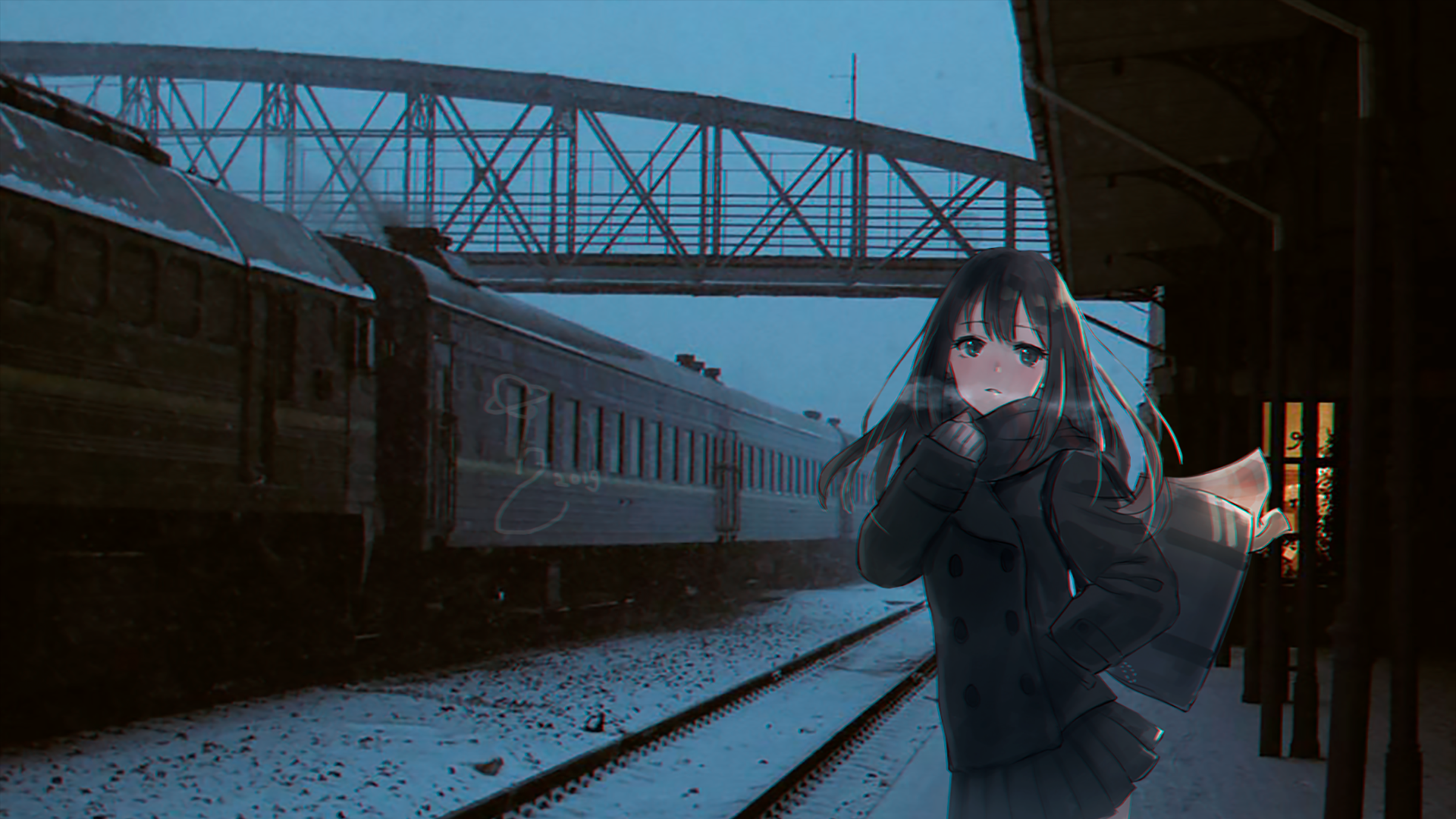 Wallpaper / anime, anime girls, waiting, train, train station, cold, winter free download