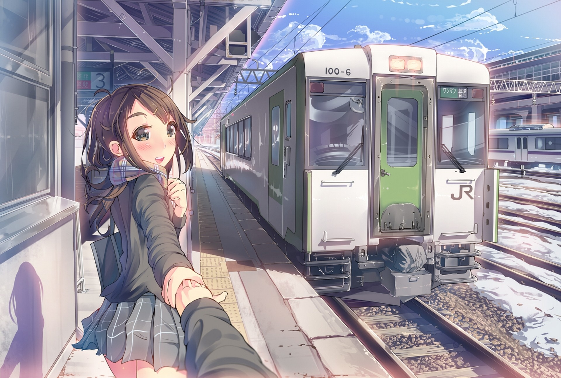 Wallpaper, anime girls, vehicle, artwork, train station, original characters, scarf, Passenger, screenshot, public transport, rolling stock 1920x1296