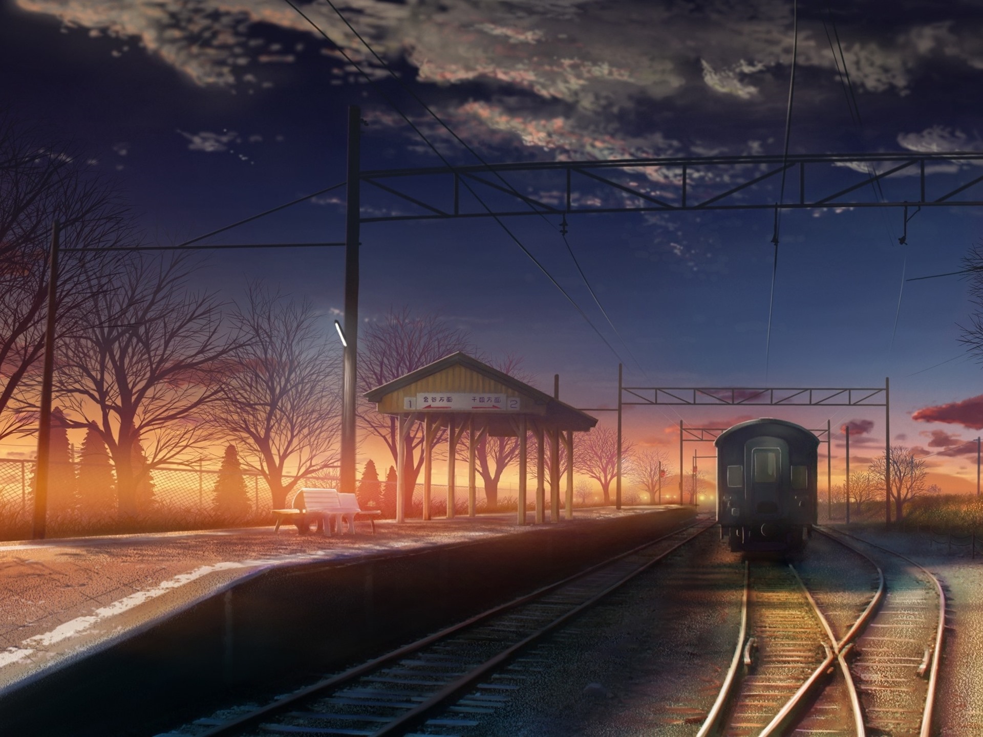 Wallpaper Train, station, trees, dusk, clouds, anime 1920x1440 HD Picture, Image