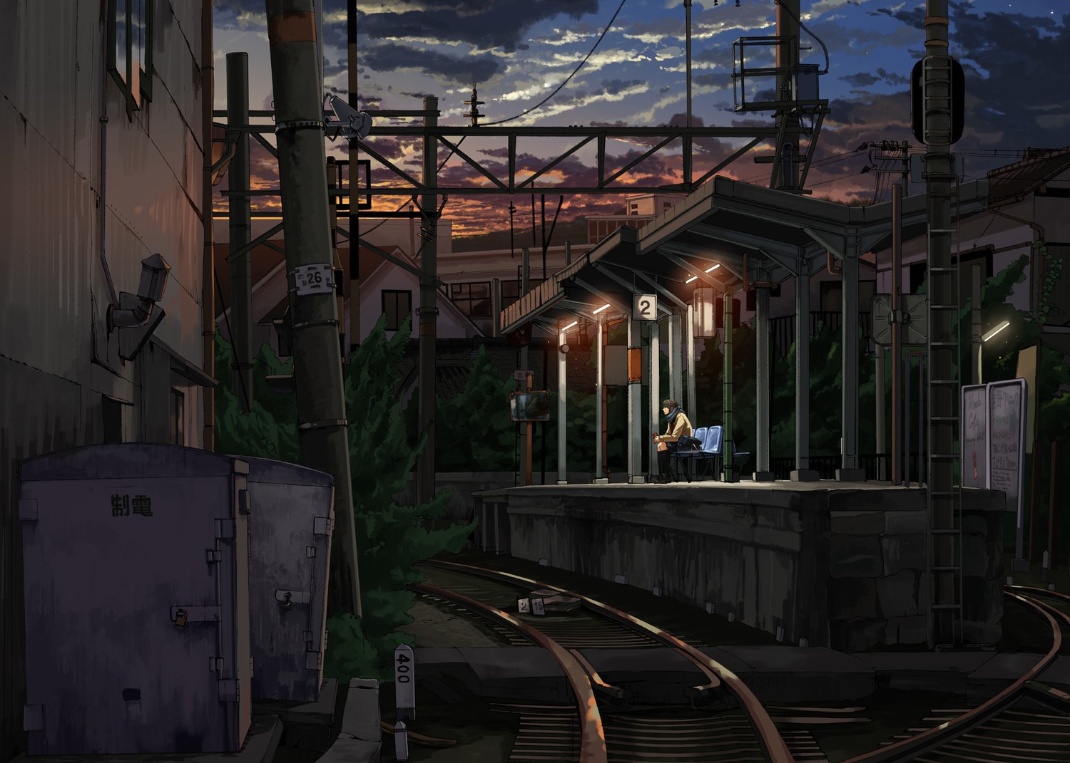 Wallpaper / building, digital art, sunset, train station, railway, isolation, clouds, sky, anime free download