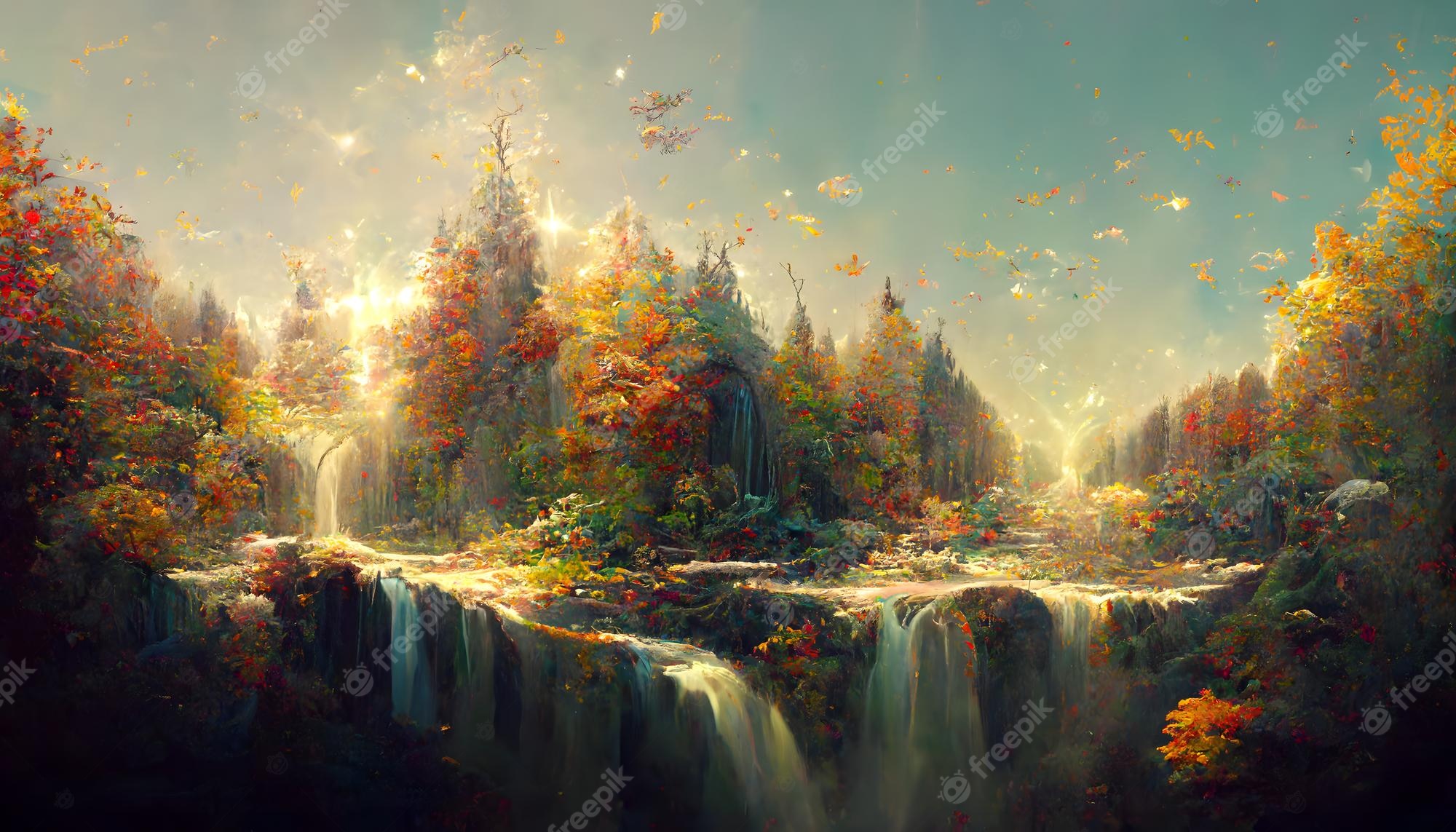 Premium Photo. Fantasy autumn waterfalls scenery at sunny day neural network generated art