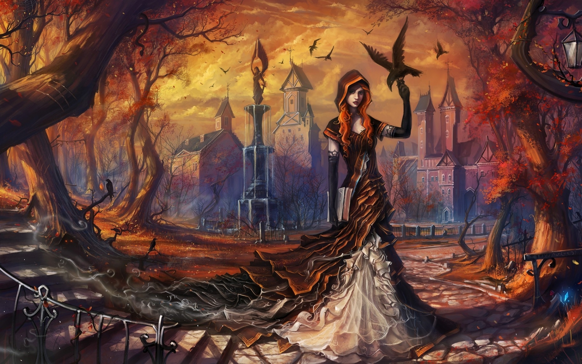 fantasy, Dark, Gothic, Witch, Women, Females, Girls, Raven, Crow, Birds, Artistic, Trees, Autumn, Fall, Seasons, Creepy, Spooky, Halloween, Architecture, Buildings