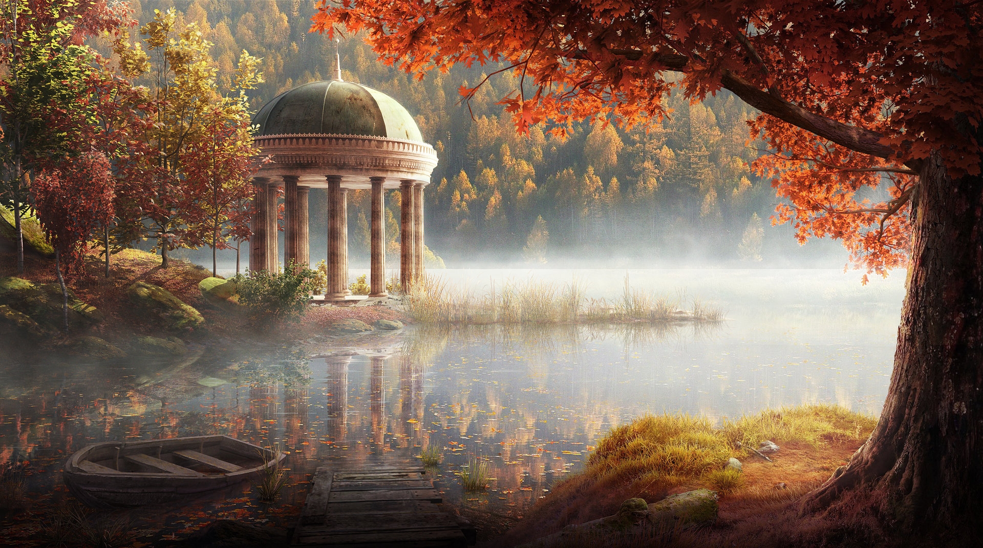 autumn, luminos, orange, leaf, lake, fantasy, water, pavilion, gazebo, andrew palyanov