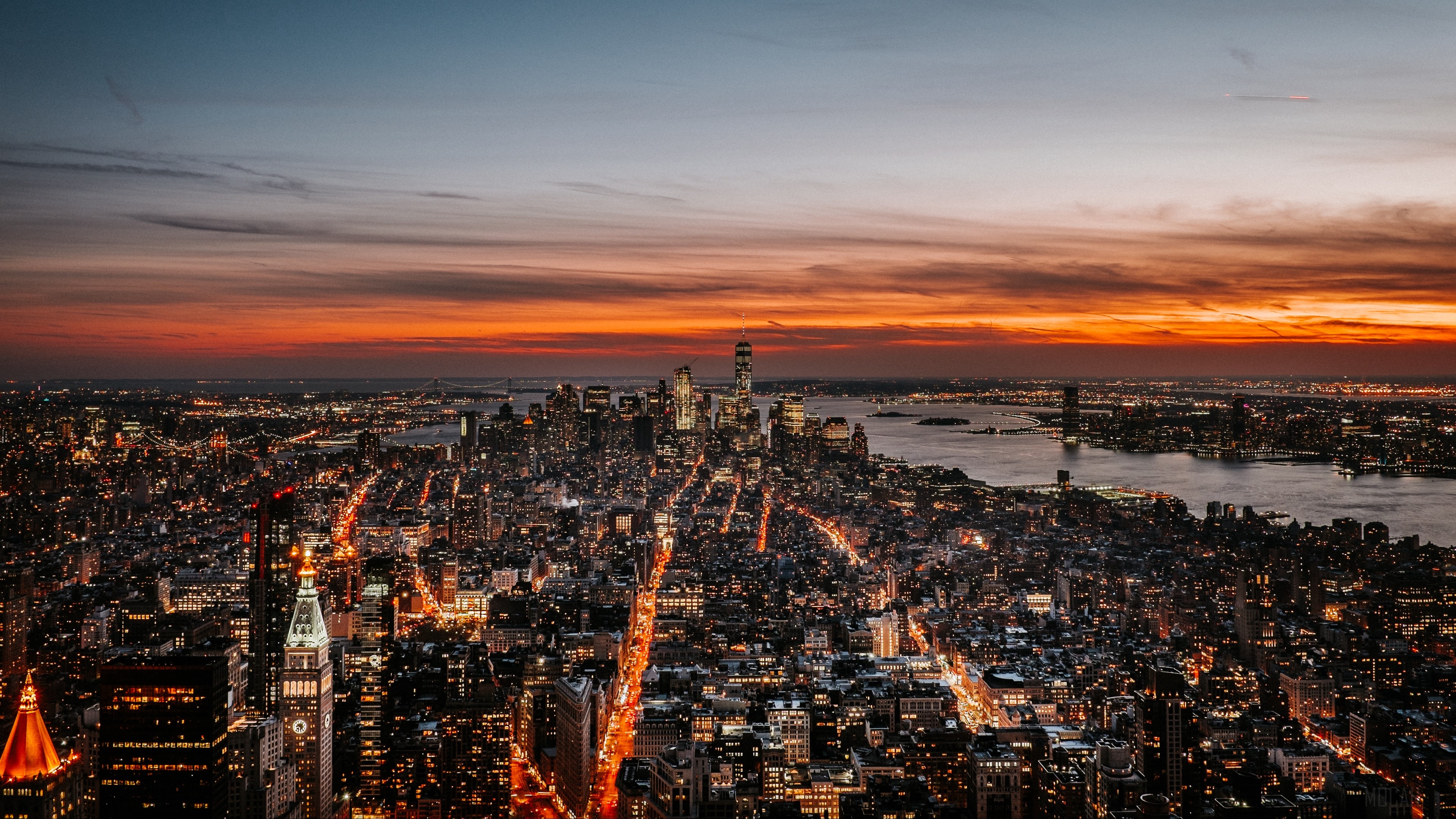 new york, night city, skyline, sky, dusk, sunset 4k Gallery HD Wallpaper