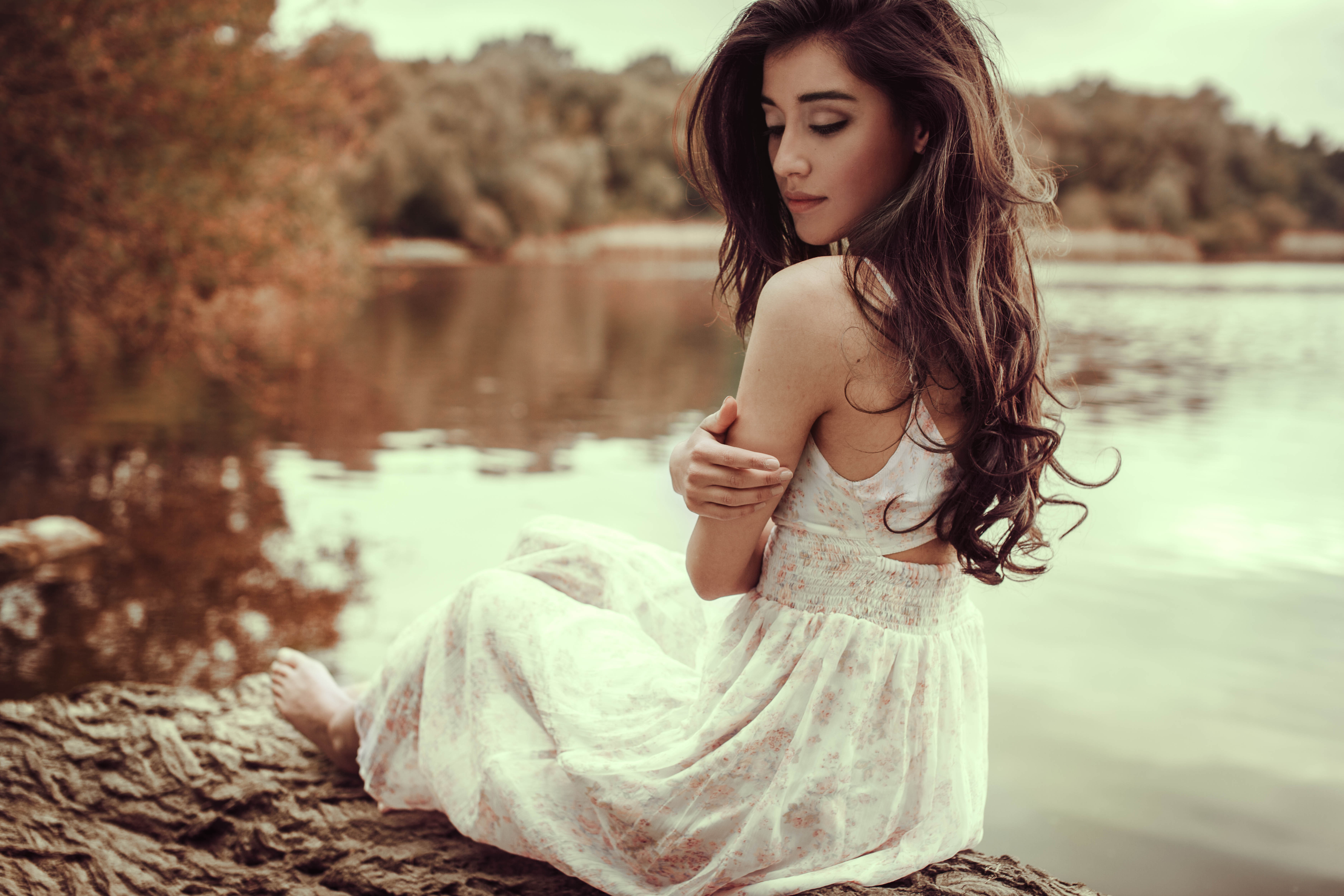 Wallpaper 4k White Dress Girl Lake Side 4k Wallpaper