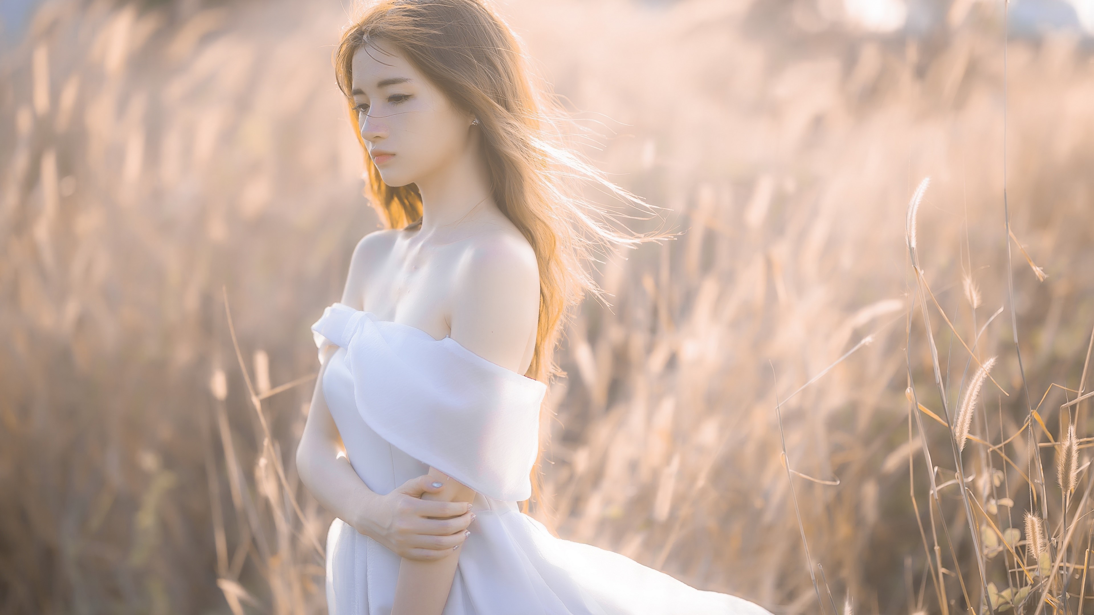 Asian, Depth Of Field, Girl, White Dress, Woman 4k Gallery HD Wallpaper