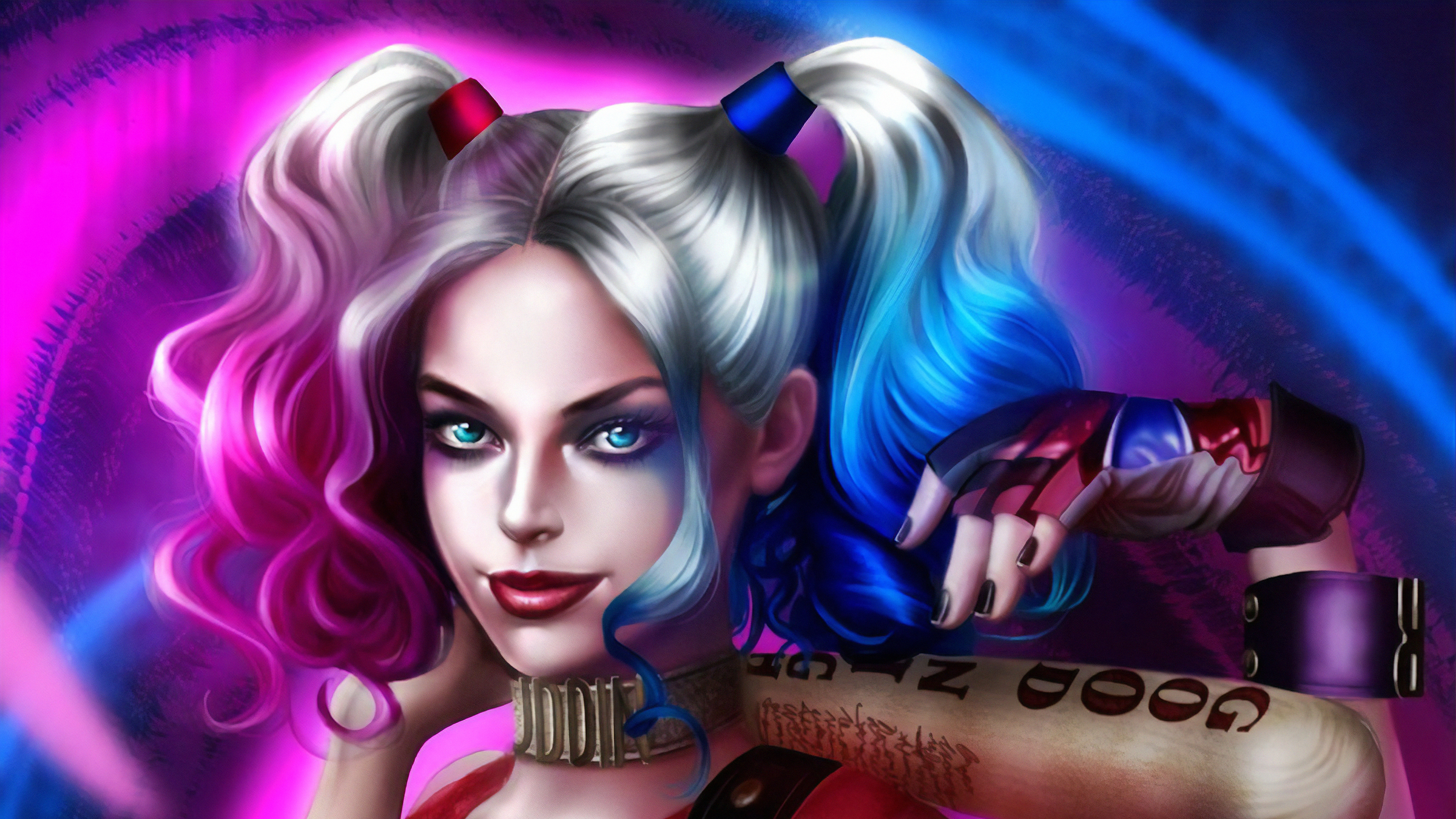 HD desktop wallpaper: Face, Blue Eyes, Comics, Harley Quinn, Dc Comics, Twintails, Lipstick, Baseball Bat download free picture
