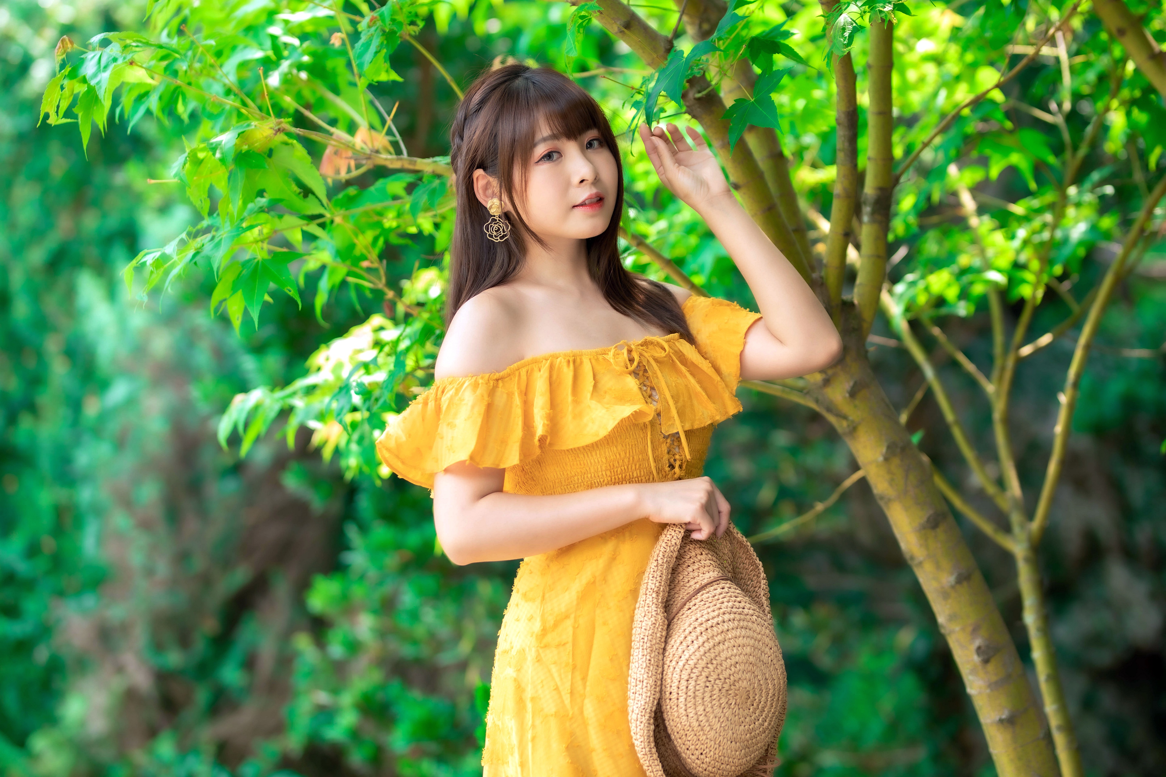Asian 4K, Brunette, Yellow Dress, Model Gallery HD Wallpaper