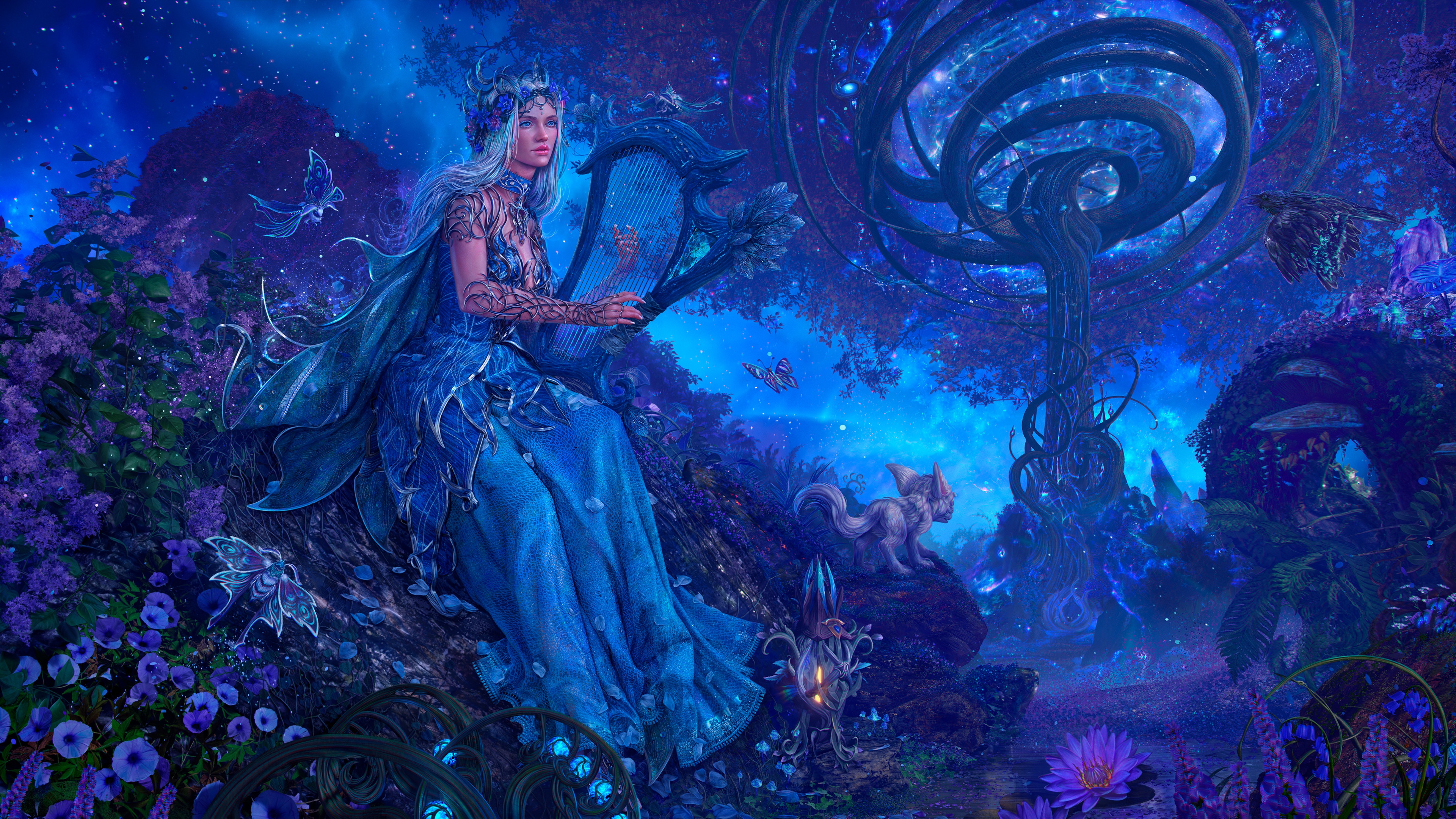 Fantasy Women 4K, Blue Dress, Woman, Harp Gallery HD Wallpaper