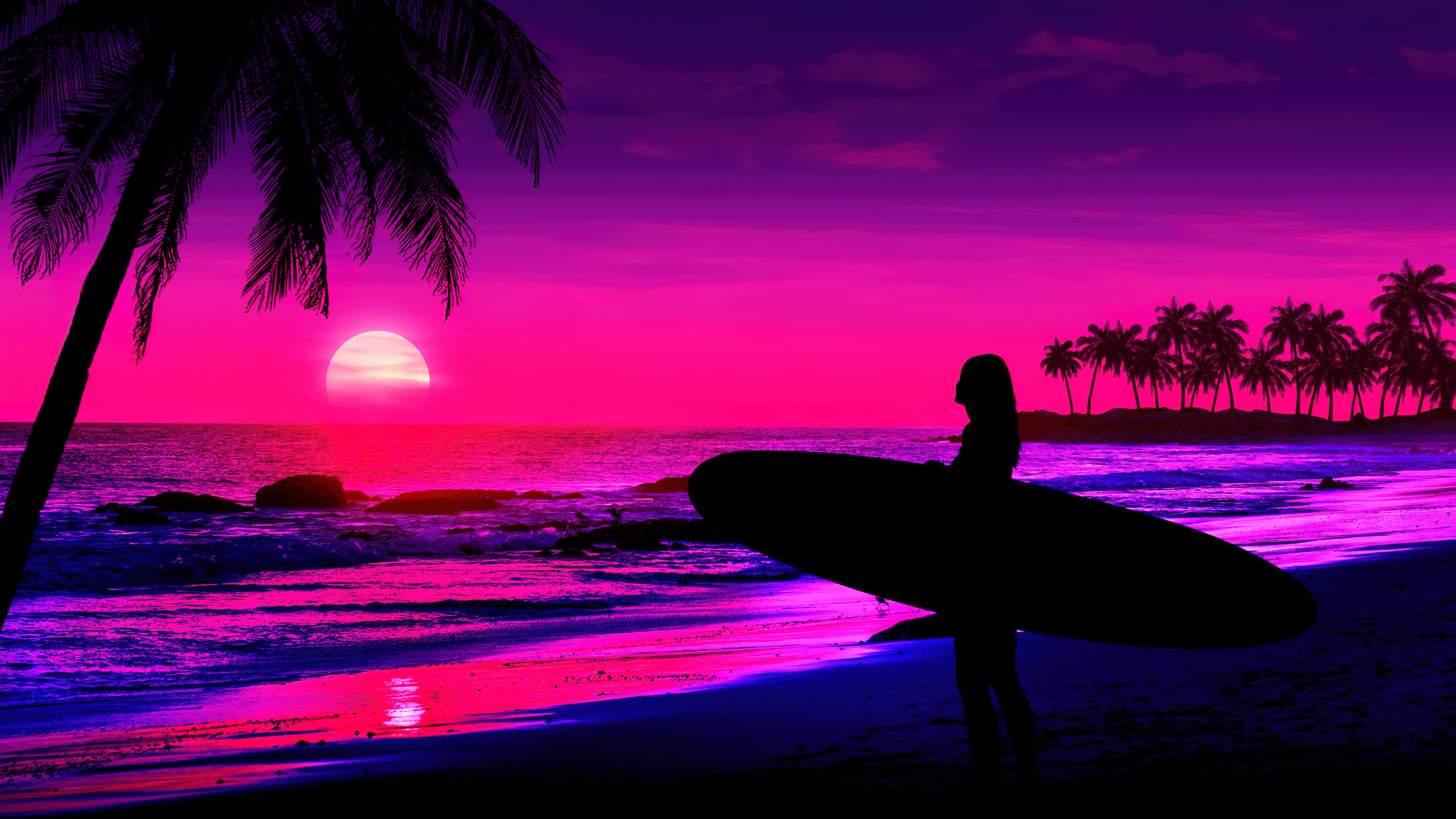 Tropical beach Wallpaper 4K, AI art, Sunset, Girl