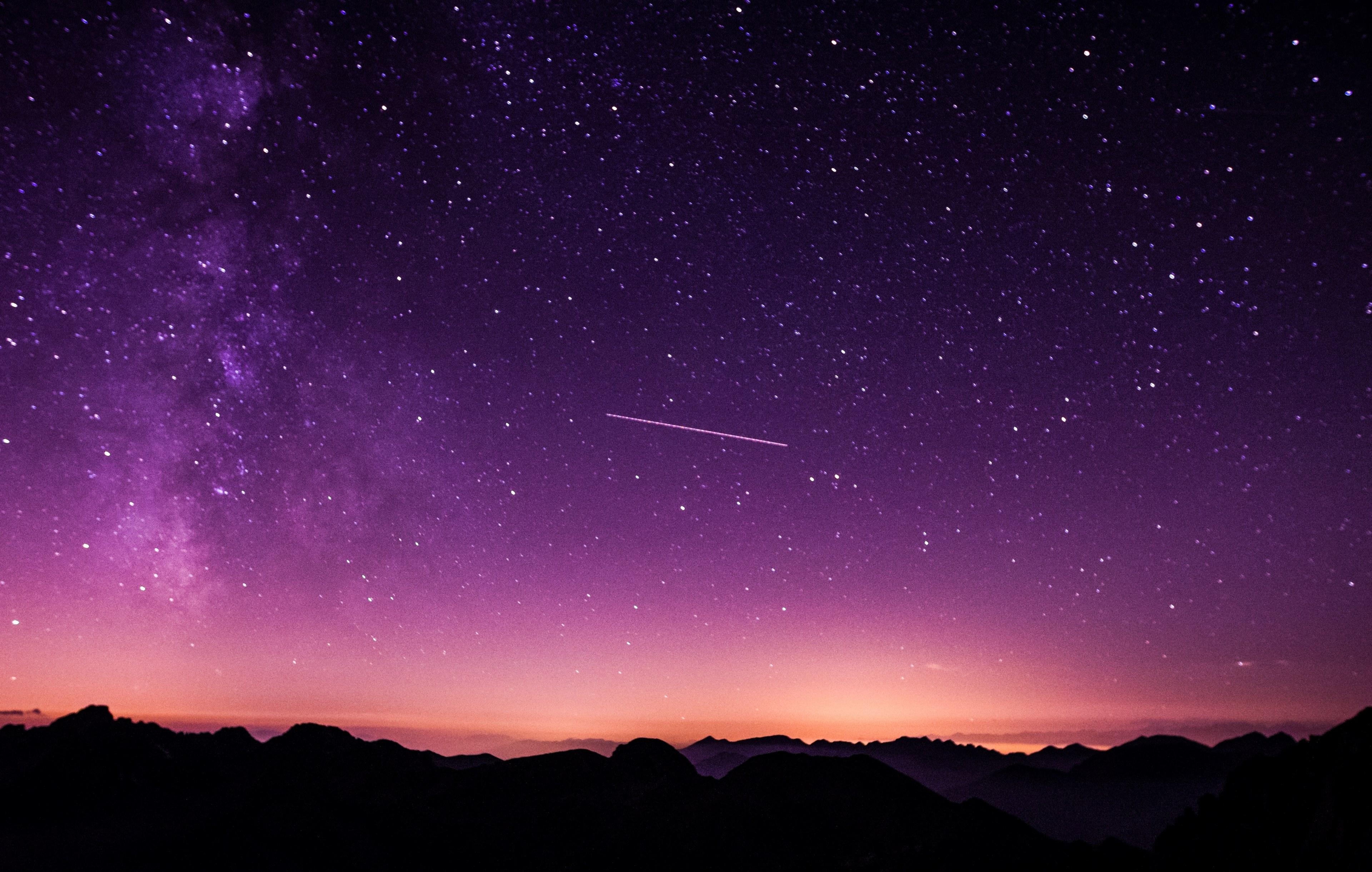 Wallpaper / a starry purple hued night sky over the silhouettes of undulating mountains, sublime purple night sky 4k wallpaper free download