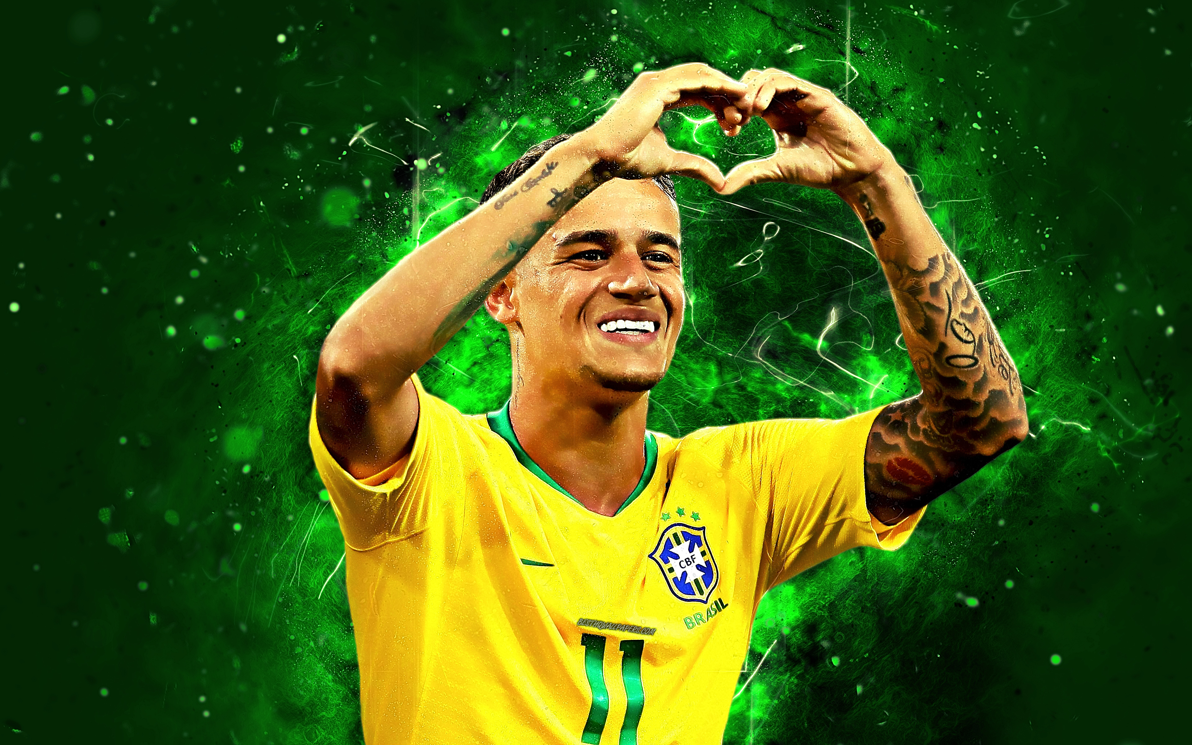 Download wallpaper 4k, Coutinho, goal, abstract art, Phil Coutinho, Brazil National Team, Philippe Coutinho, soccer, neon lights, football stars, Brazilian football team for desktop with resolution 3840x2400. High Quality HD picture wallpaper