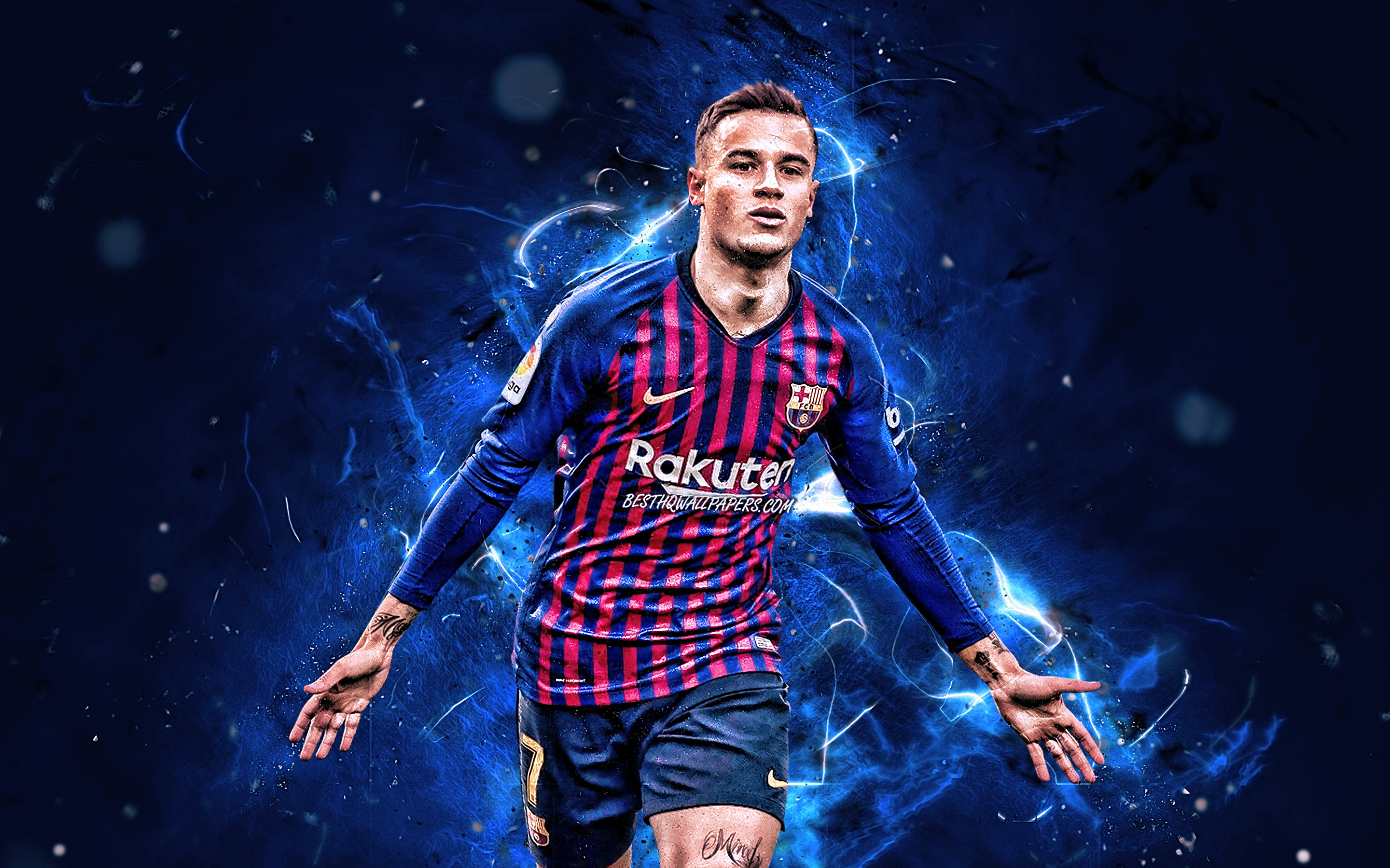Download wallpaper Philippe Coutinho, blue stone, Barcelona FC, goal, FCB, brazilian footballers, La Liga, Coutinho, Barca, football, Spain, grunge, soccer, LaLiga, Phil Coutinho for desktop with resolution 2880x1800. High Quality HD picture