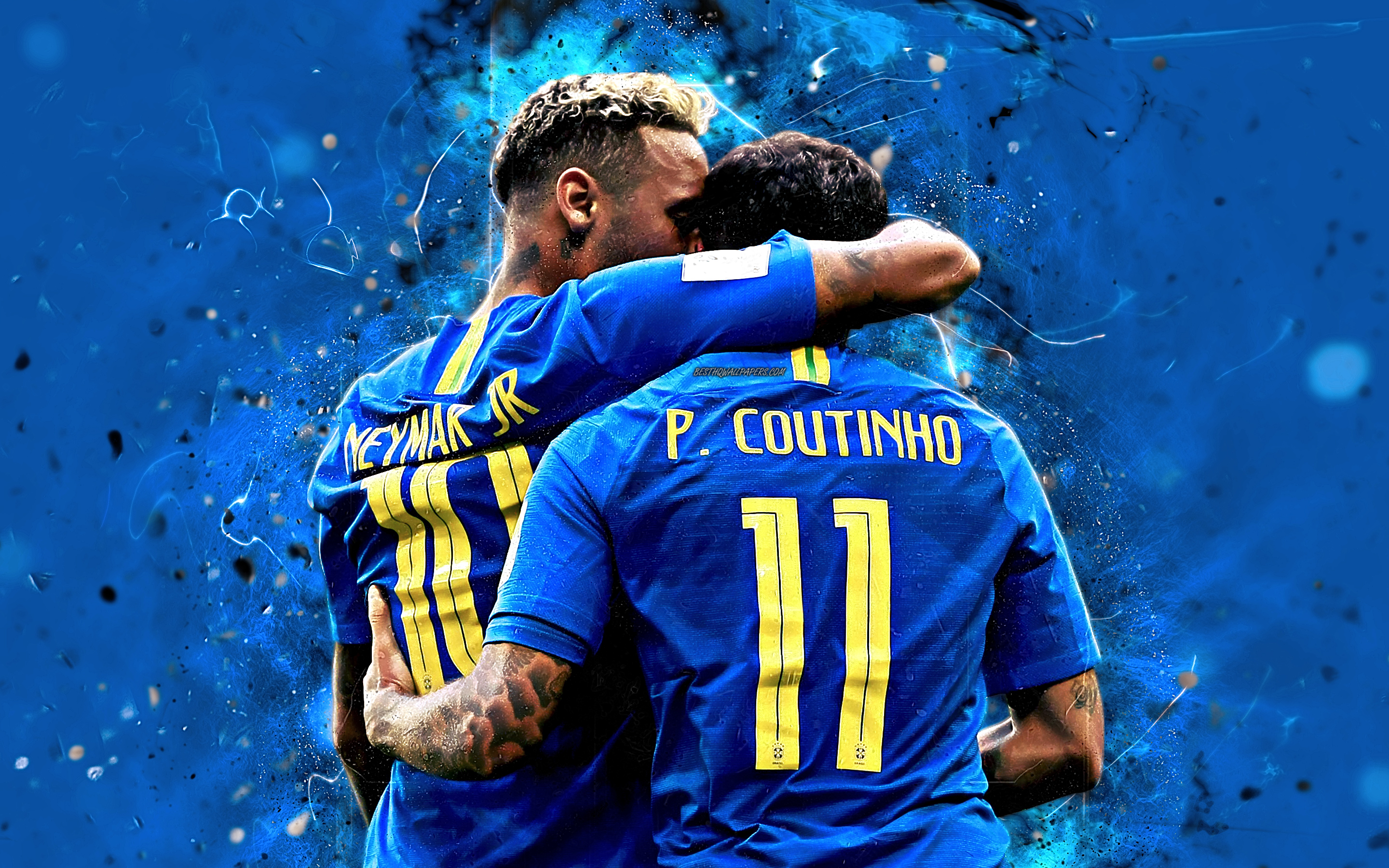 Download wallpaper Neymar, Philippe Coutinho, goal, blue uniform, Brazil National Team, fan art, Coutinho, Neymar JR, soccer, neon lights, football stars, Brazilian football team for desktop with resolution 2880x1800. High Quality HD