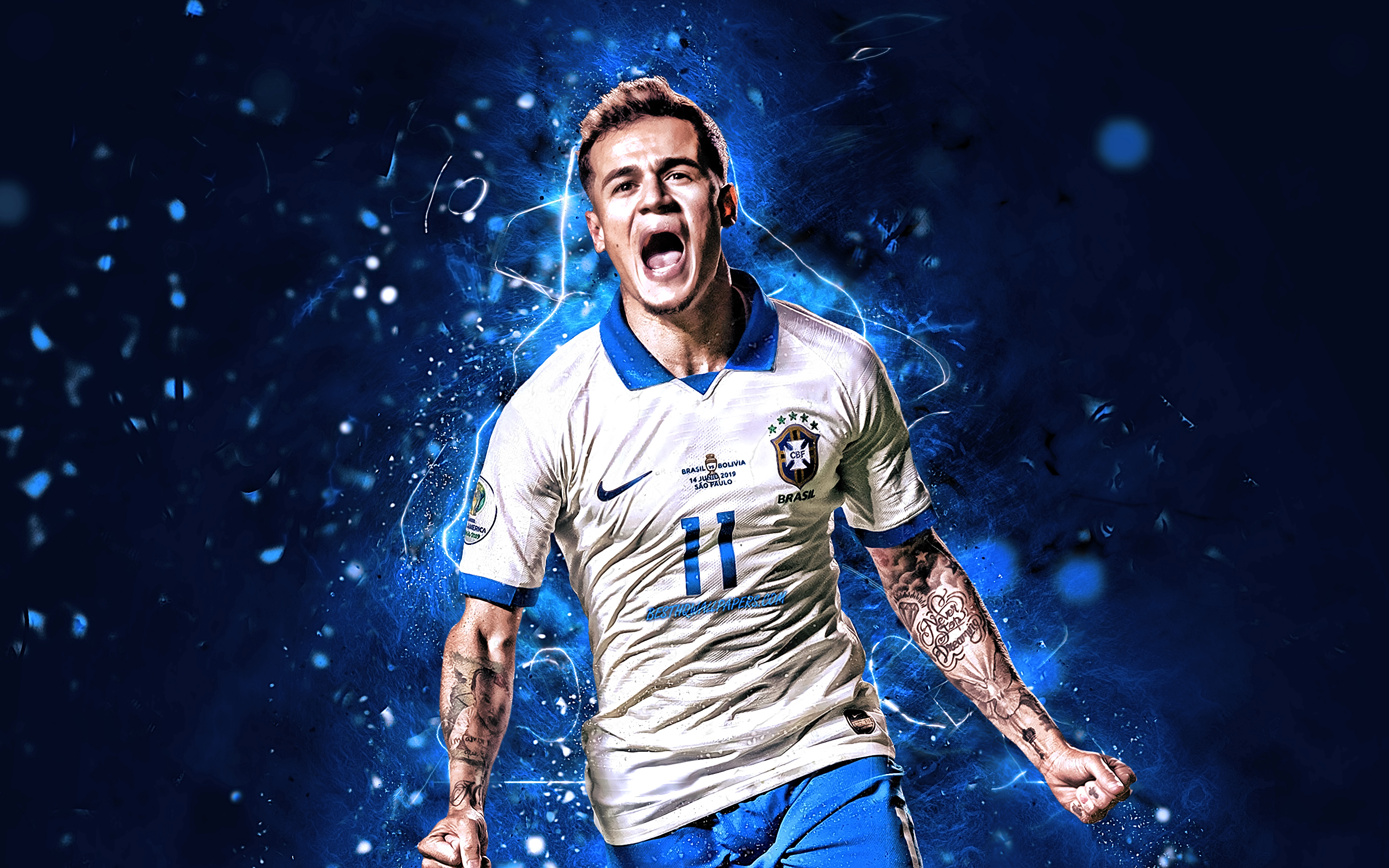 Download wallpaper Philippe Coutinho, white uniform, Brazil National Team, goal, soccer, footballers, Coutinho, neon lights, football stars, abstract art, Brazilian football team for desktop with resolution 2880x1800. High Quality HD picture wallpaper