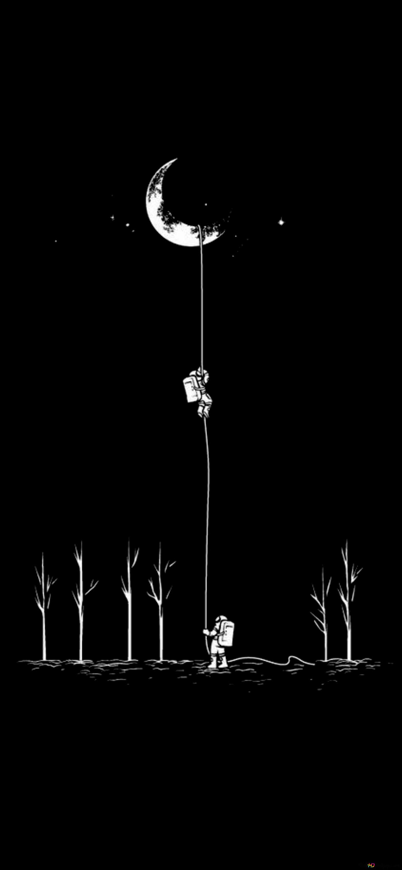 Black and white anime drawing of astronauts climbing half moon on dark background 2K wallpaper download