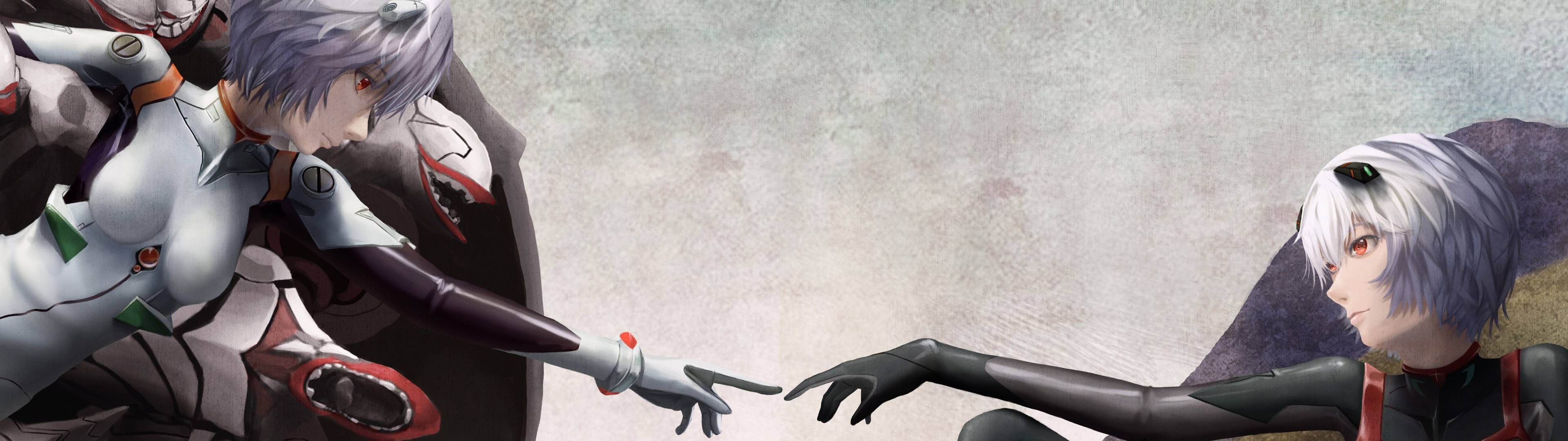 Wallpaper, anime, Ayanami Rei, The Creation of Adam, costume, screenshot, 3840x1080 px 3840x1080