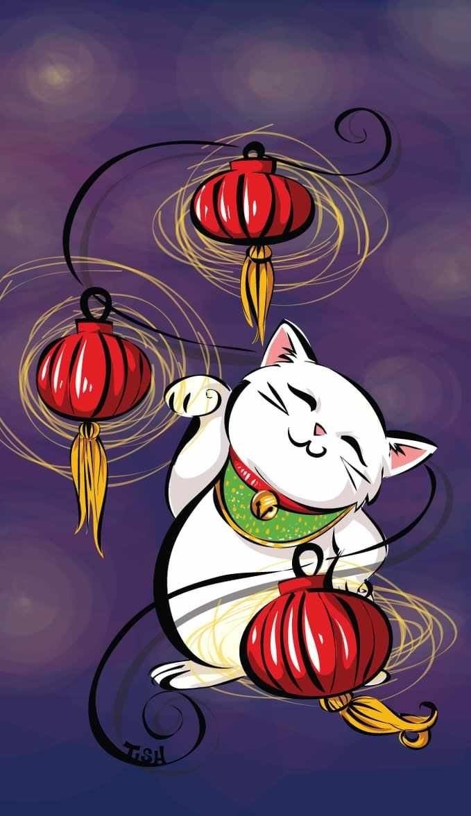 Wallpaper. Gato chino de la suerte, Arte con gatos, Ilustraciones de gato