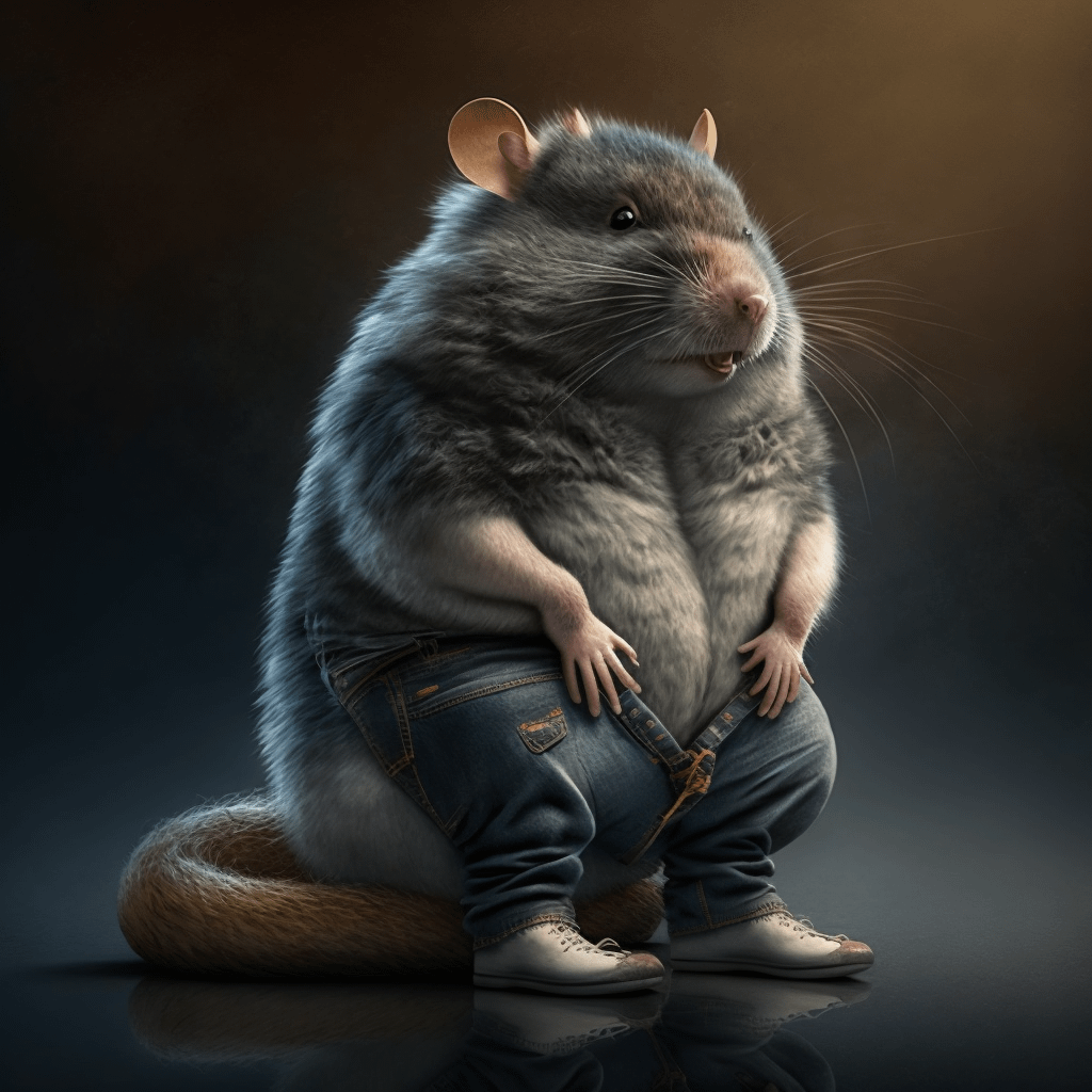 The fat rat, ultra realistic, fluffy fur, sitting on jeans, realistic lighting, HDR
