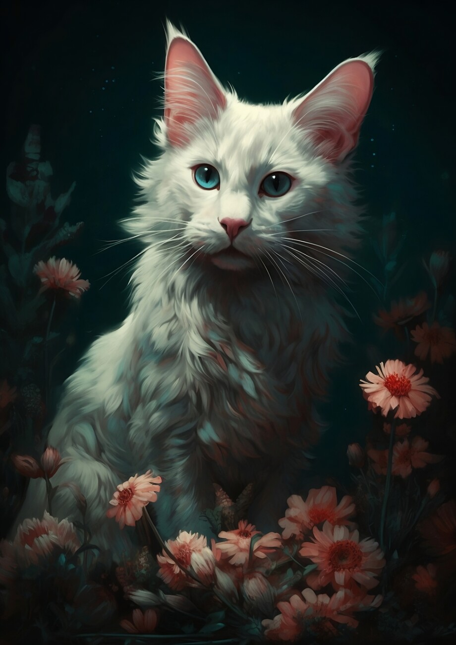 Turkish Angora Cat resting on flowers Wall Mural