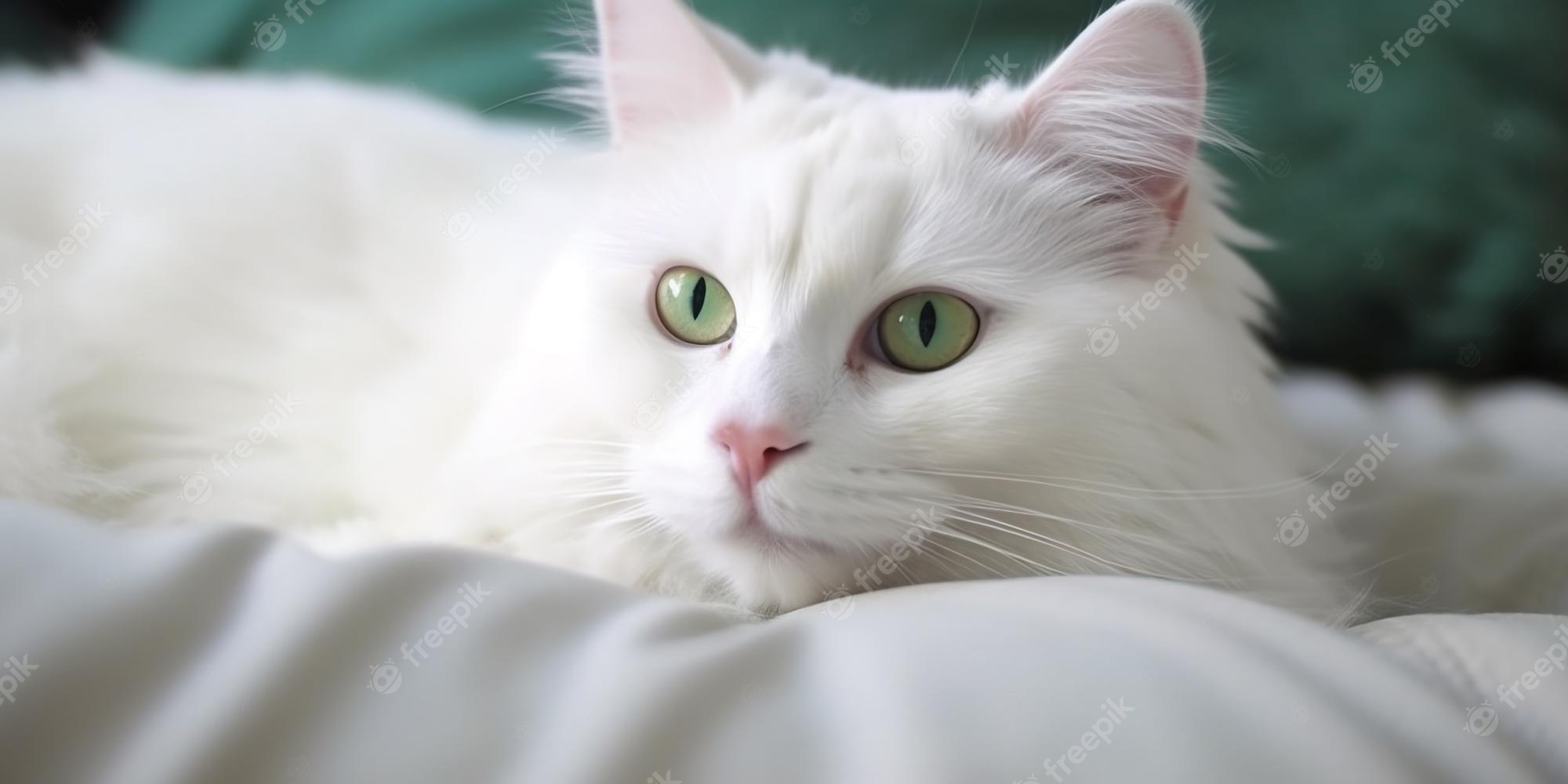 Premium Photo. White cat with green color eyes turkish angora van kitten with blue and green eye lies on white bed adorable domestic pets heterochromia ai