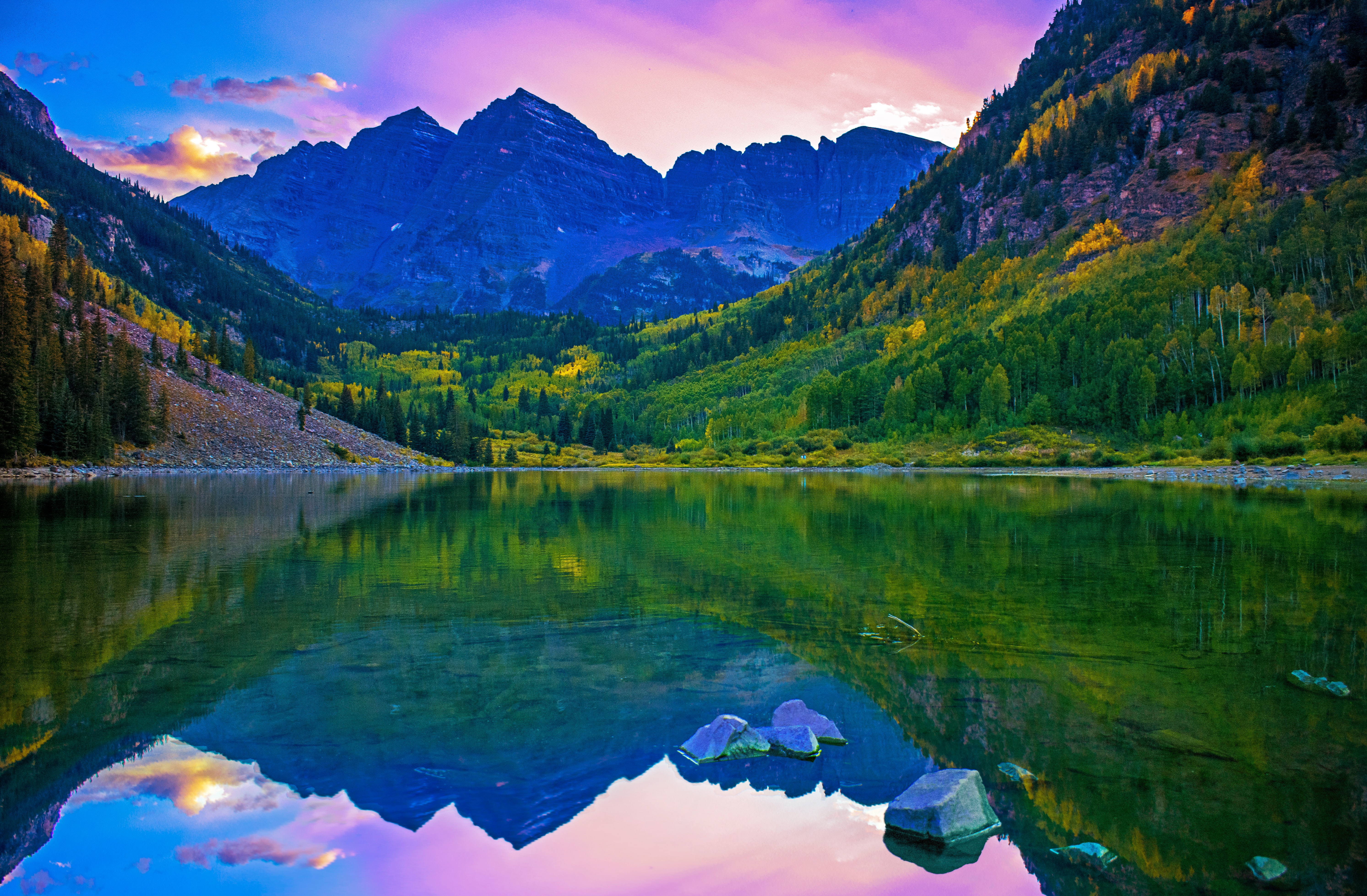 Rocky Mountains Wallpaper 4K, Lake, Green Trees, Reflection