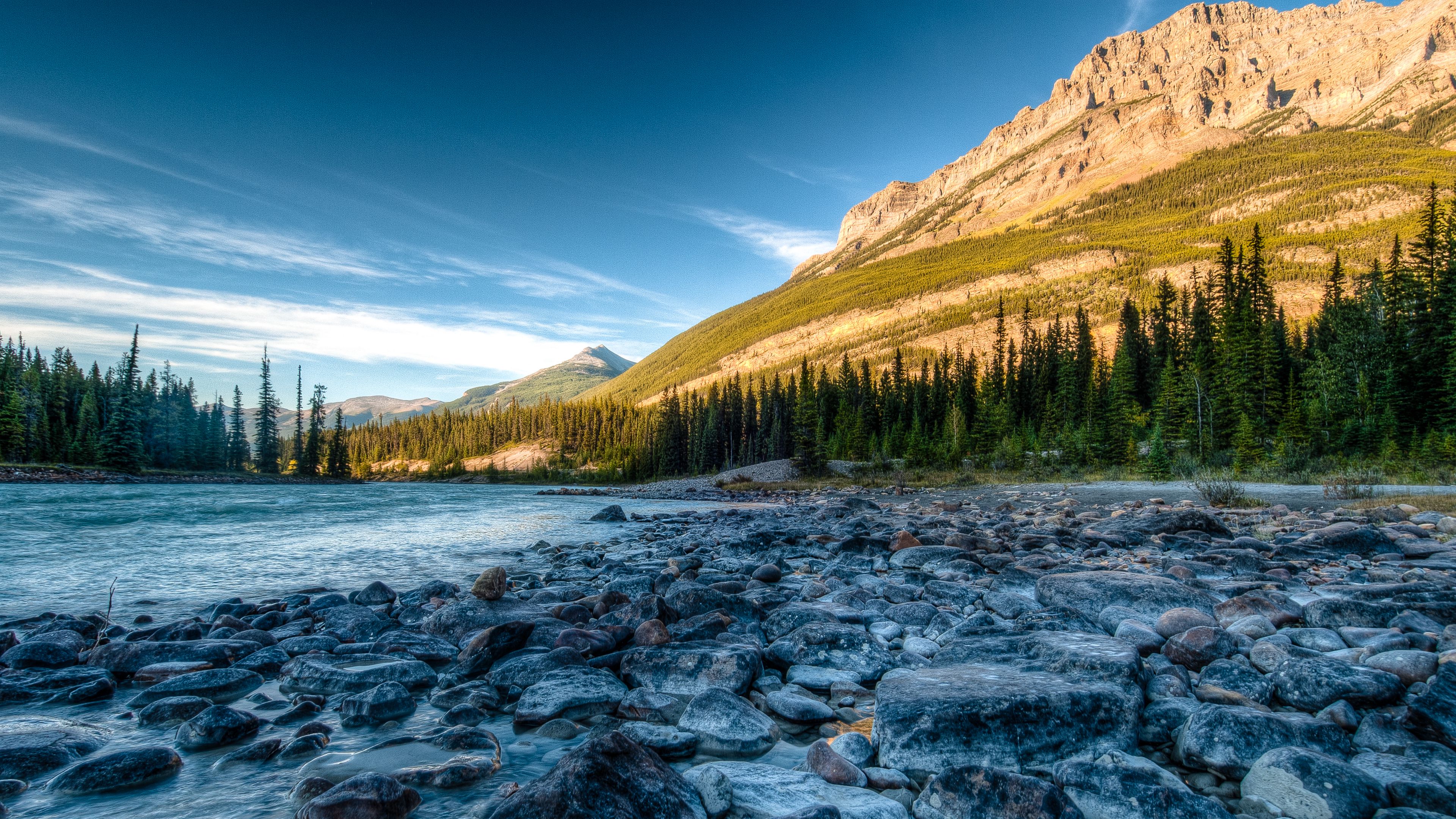 Wallpaper / rocky mountains, river, stones, athabasca, alberta, canada, hdr, 4k free download