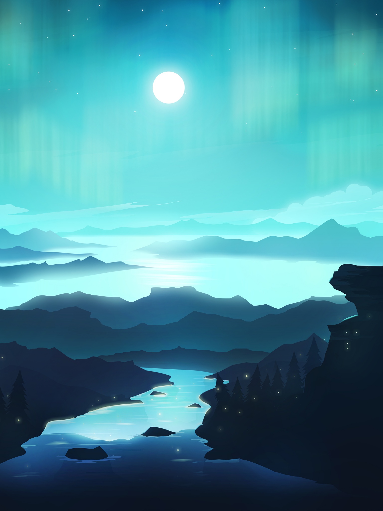 Moon Wallpaper 4K, River, Mountains