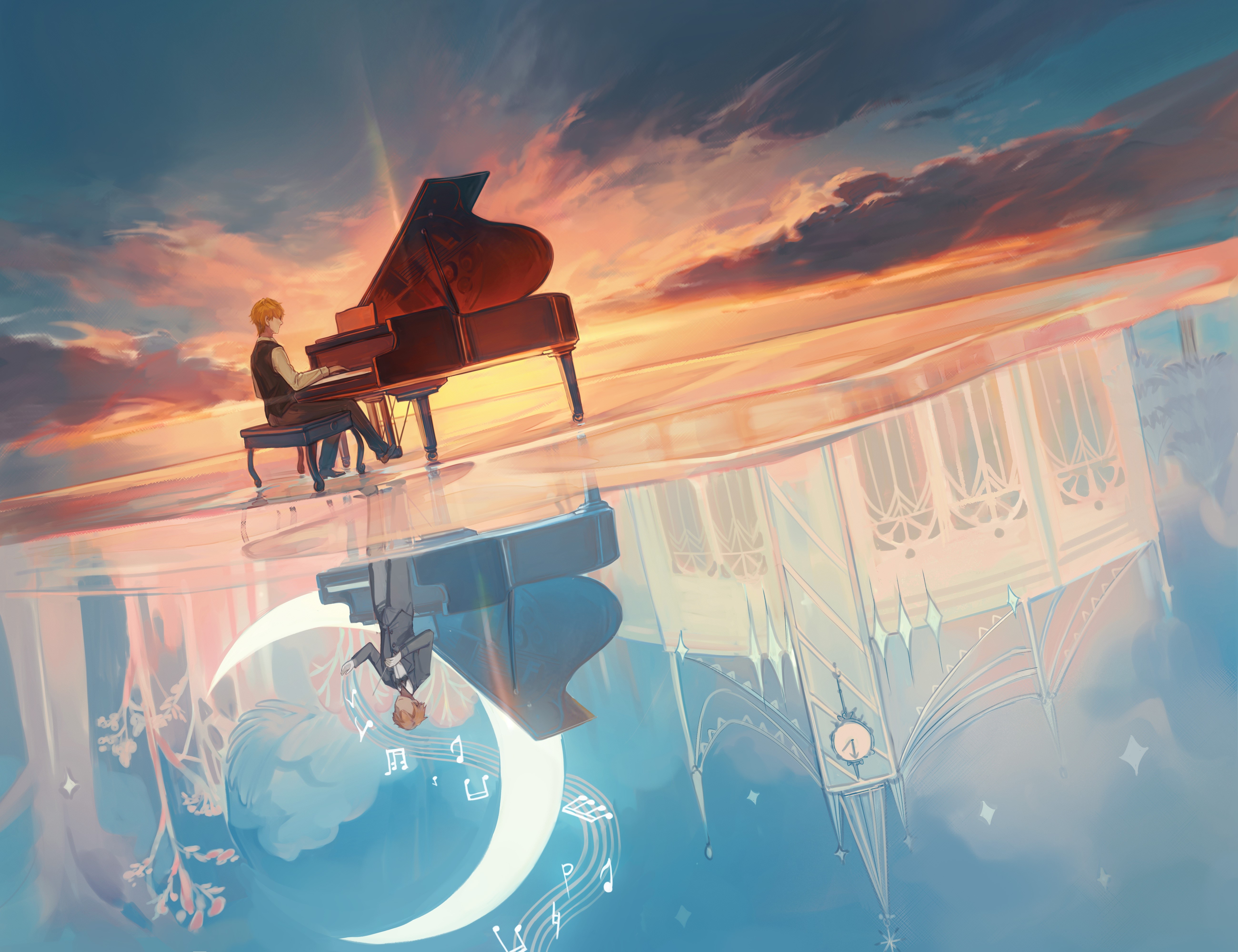 4K, music, anime, sky, piano, anime boys Gallery HD Wallpaper