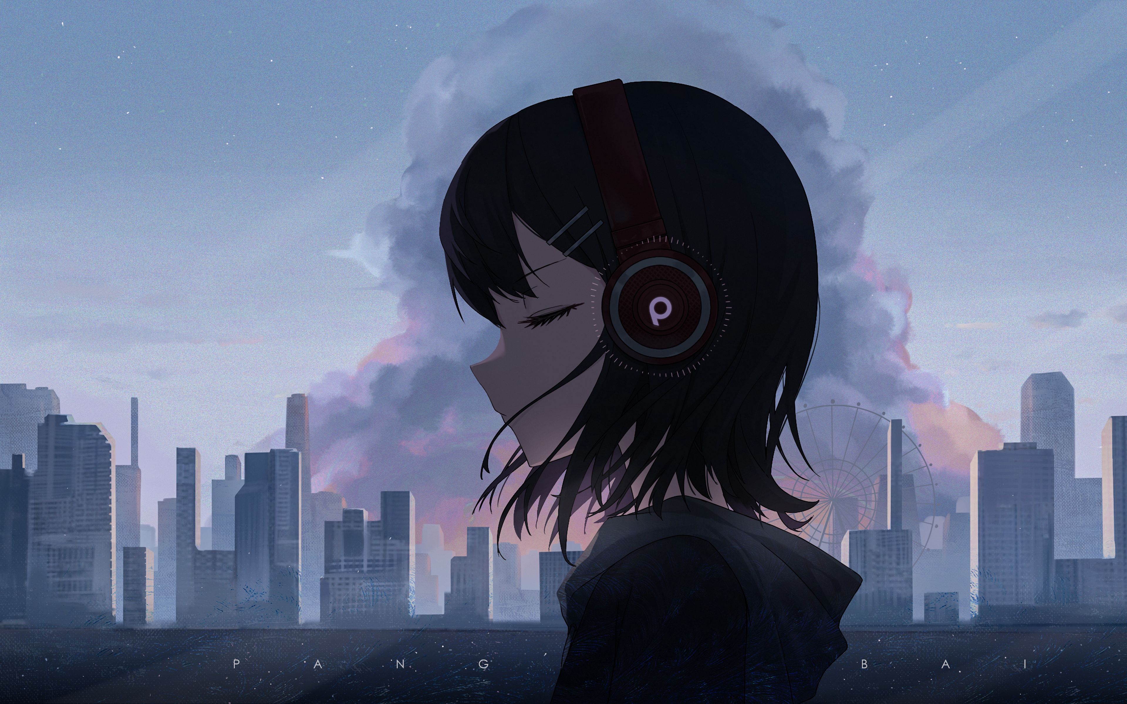 Download wallpaper 3840x2400 girl, headphones, music, anime, art 4k ultra HD 16:10 HD background