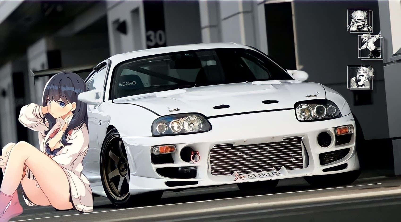 Download White Toyota Supra Next To Rikka Takarada JDM Anime Wallpaper
