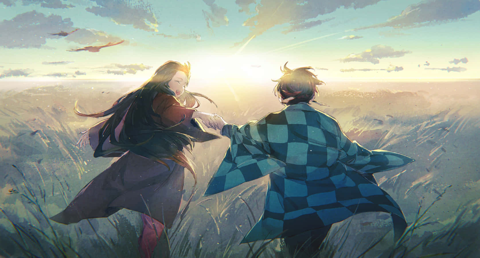 Download Demon Slayer Scenery Tanjiro Nezuko Grass Field Wallpaper