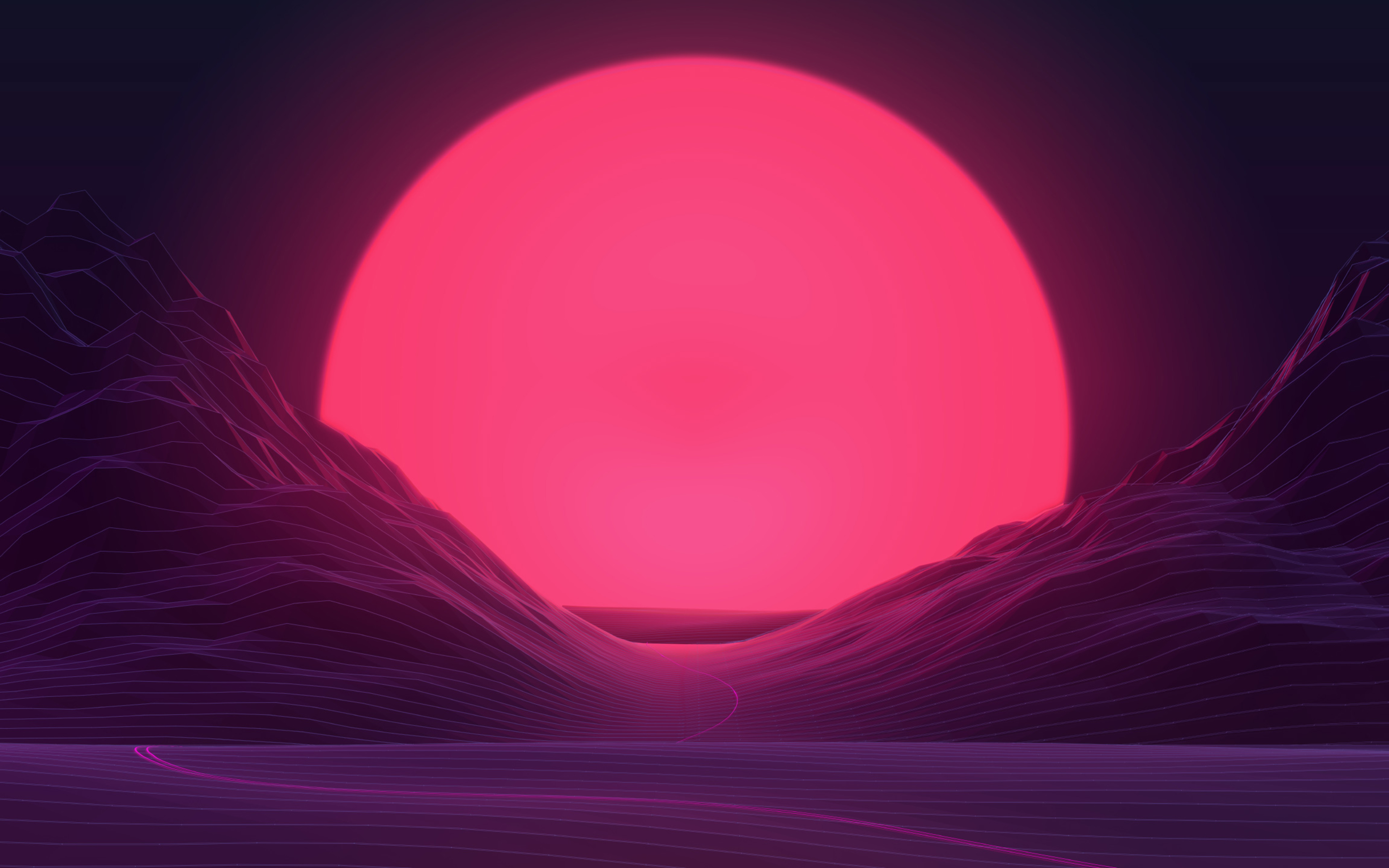 Download wallpaper 4k, pink moon, night, mountains, neon art, creative, artwork for desktop with resolution 3840x2400. High Quality HD picture wallpaper