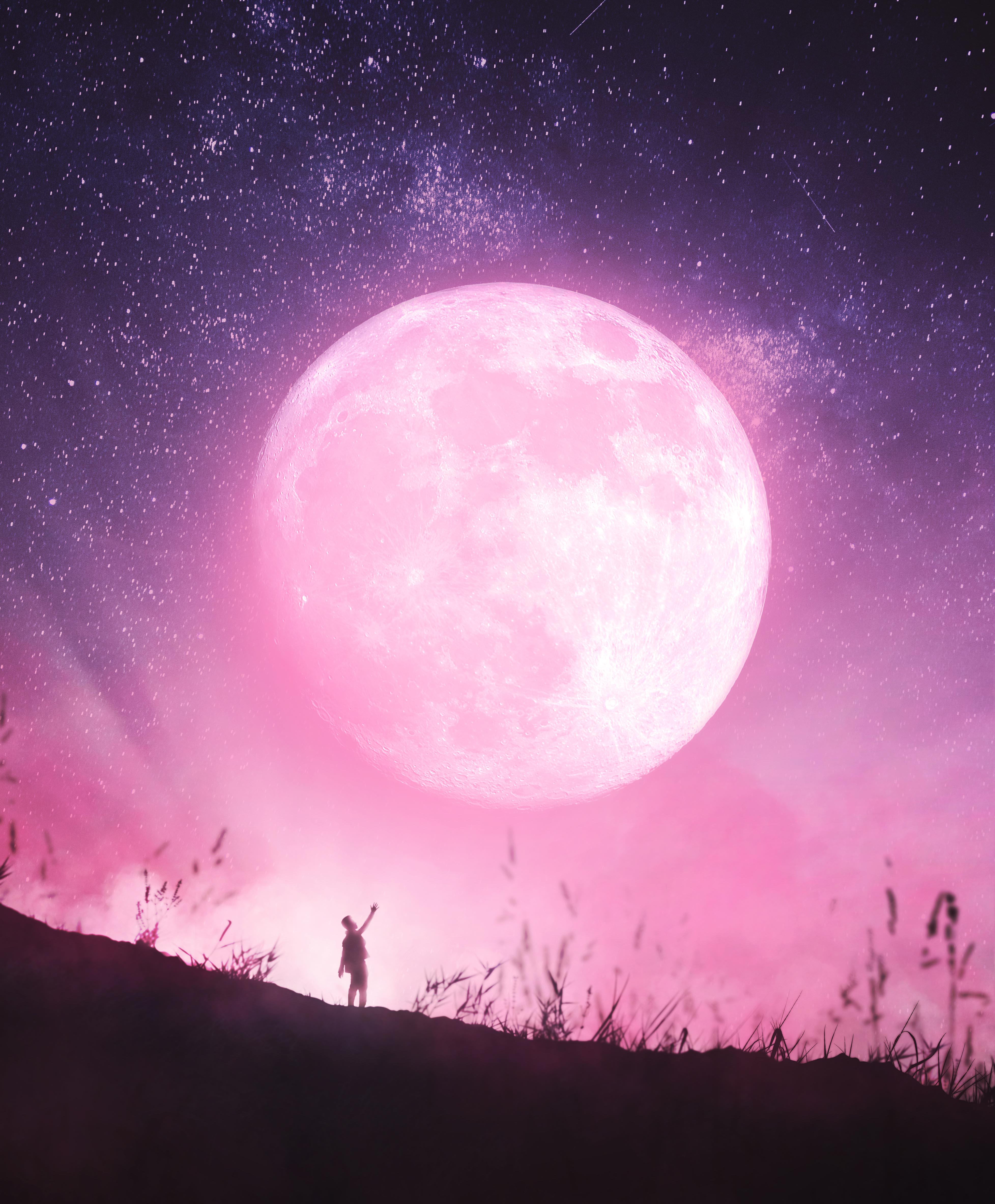 Moon Wallpaper 4K, Dream, Surreal, Stars in sky