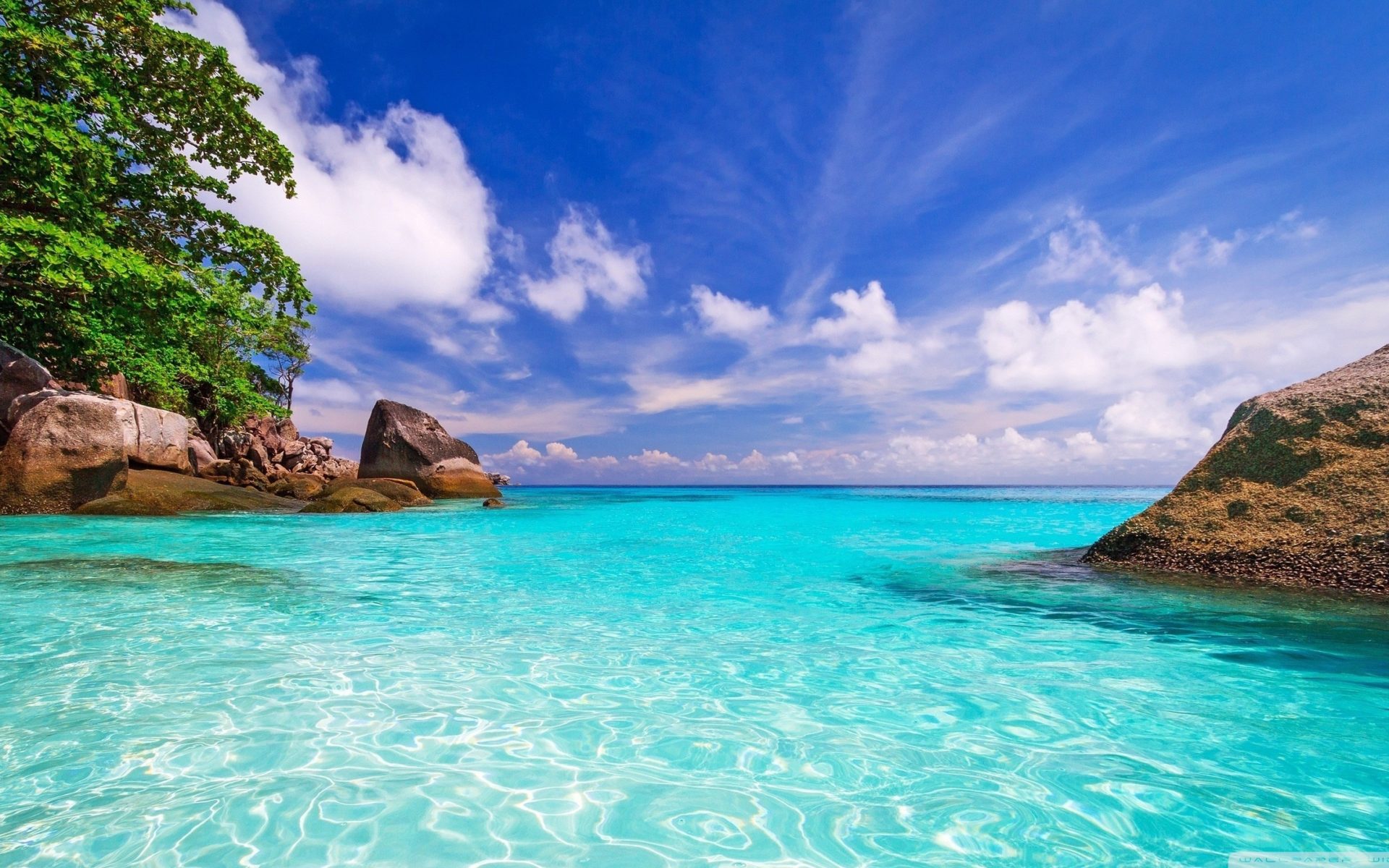 Exotic Places Beautiful Beaches Coast Rocks Trees Blue Ocean Transparent Water White With White Clouds Computer Summer Wallpaper HD 2560x1440, Wallpaper13.com