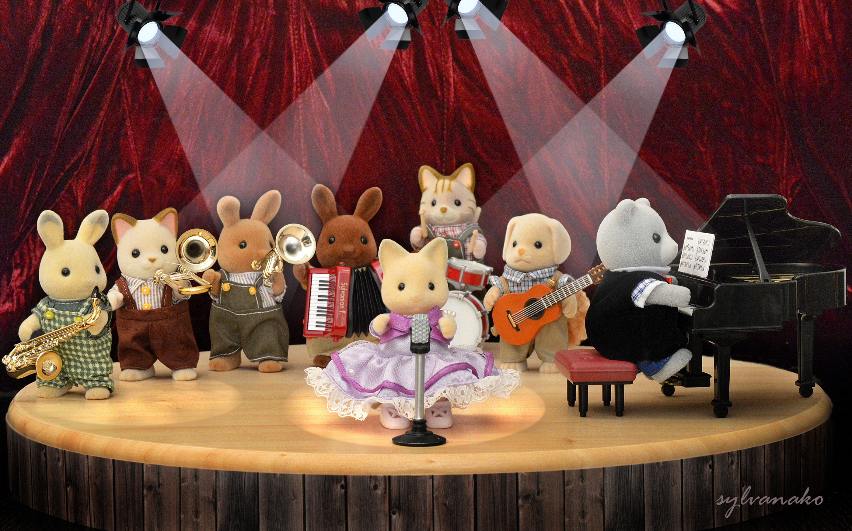 Wallpaper, music, dog, cats, rabbit, miniature, dress, families, accordion, calico, critters, rabbits, sax, saxophone, sylvanianfamilies, sylvanian, calicocritters 2800x1748