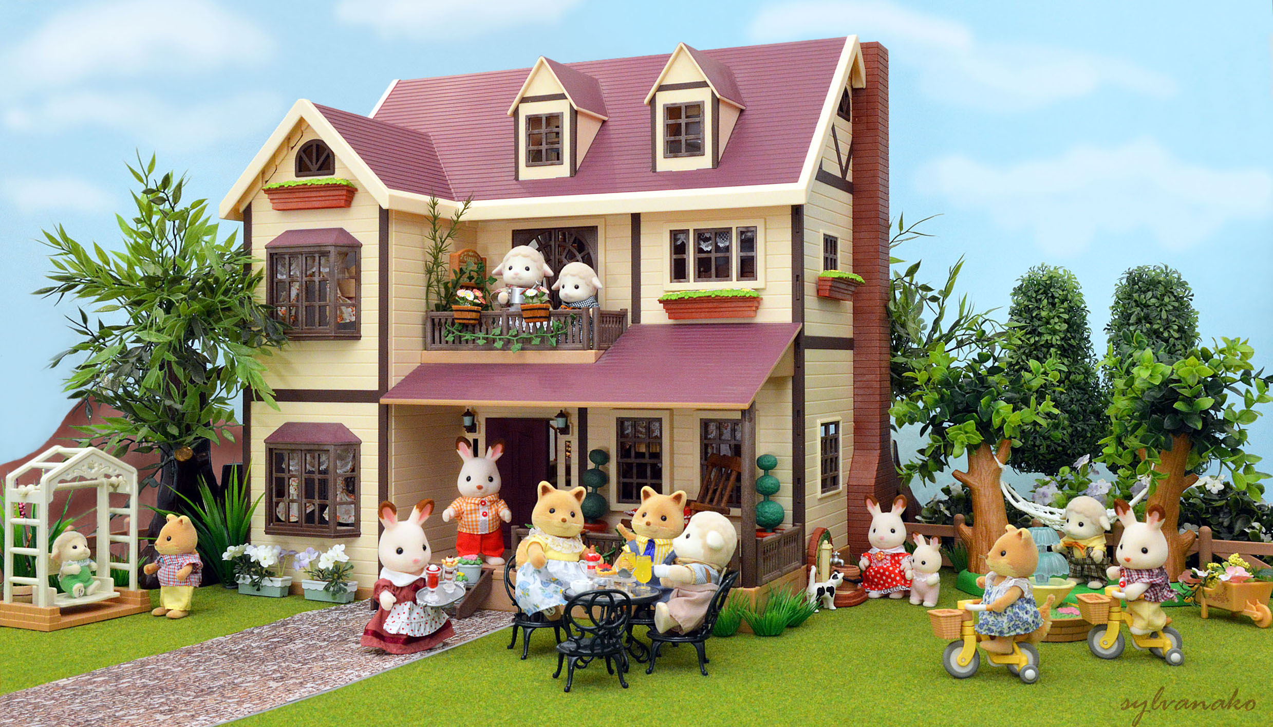 Wallpaper, flowers, trees, food, house, building, cute, home, animal, bike, bicycle, yard, garden, toys, miniature, balcony, families, swing, company, icecream, porch, calico, critters, rabbits, manor, sylvanianfamilies, sylvanian, calicocritters