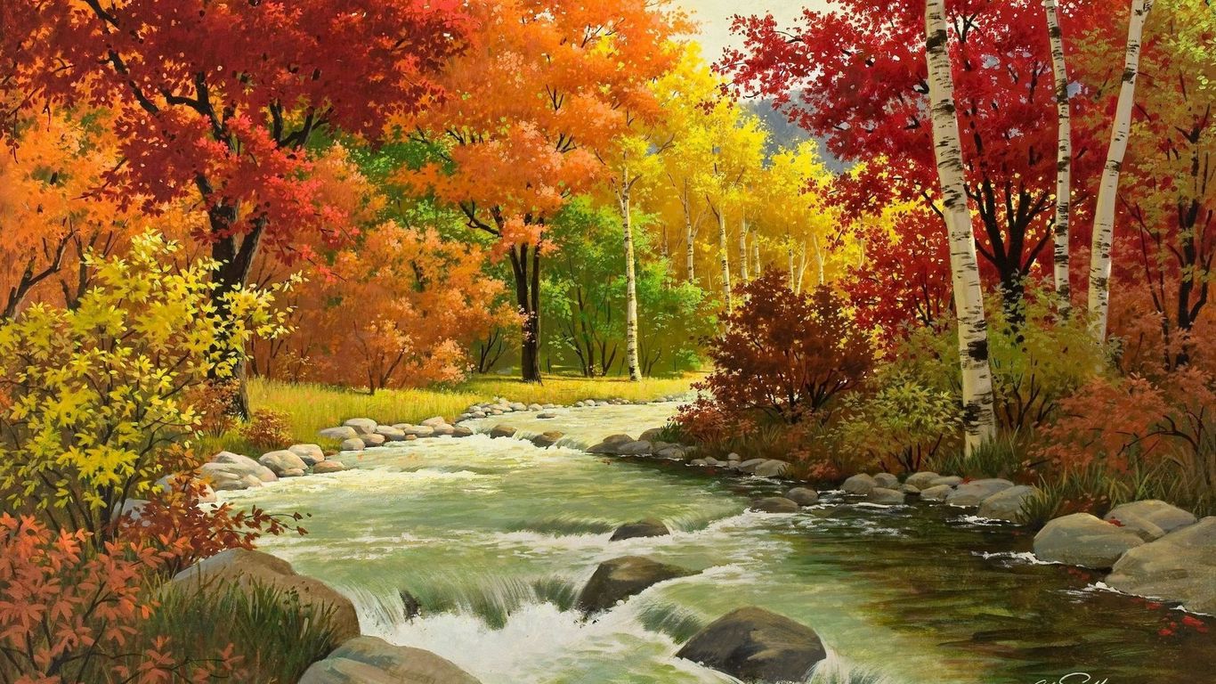 Download wallpaper 1366x768 autumn, landscape, painting, river, wood tablet, laptop HD background